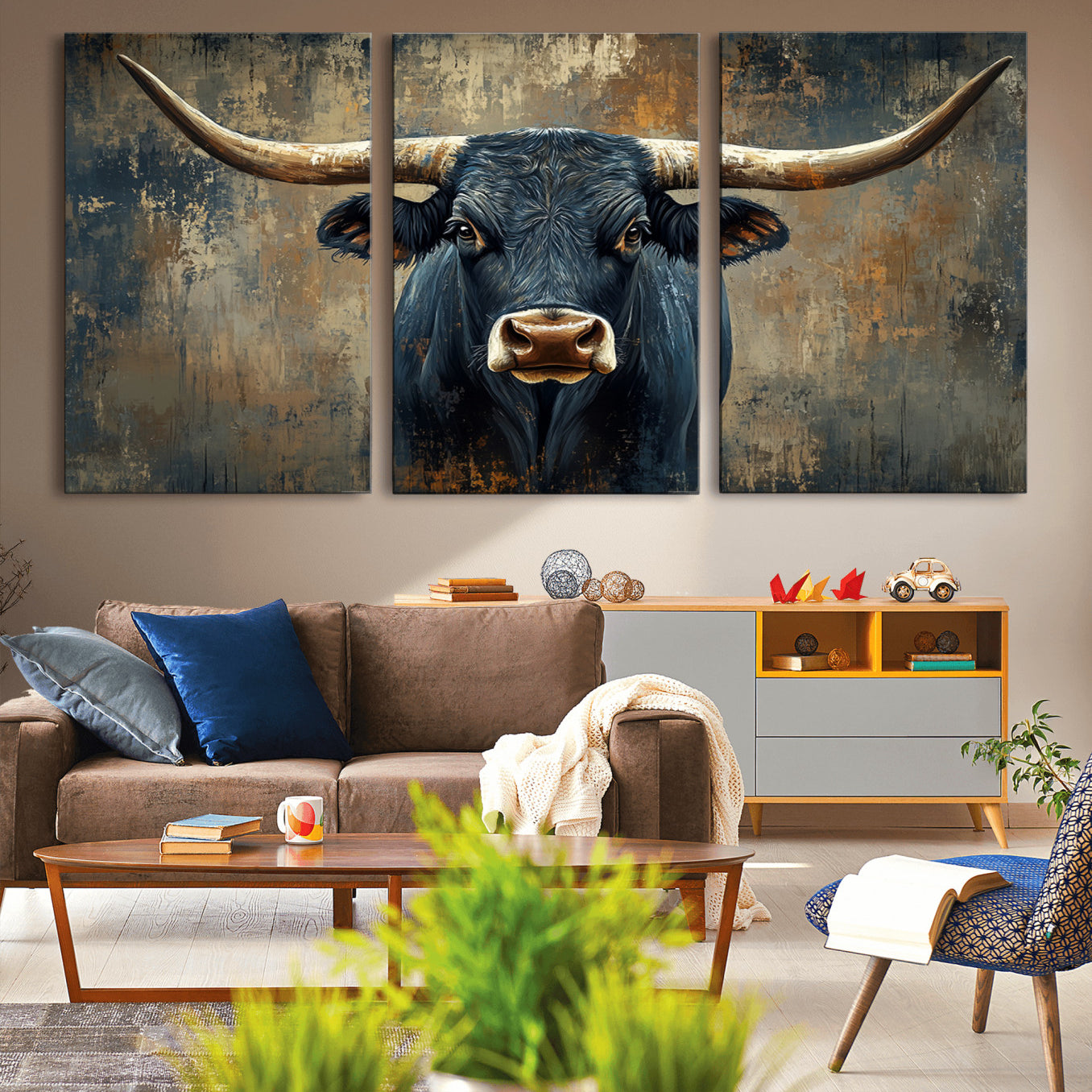 42026-MGV-CV-36X24-Texas Western Wall Art Canvas Print - Abstract Cow Longhorn Bull Wall Art Canvas Print - Rustic Cow