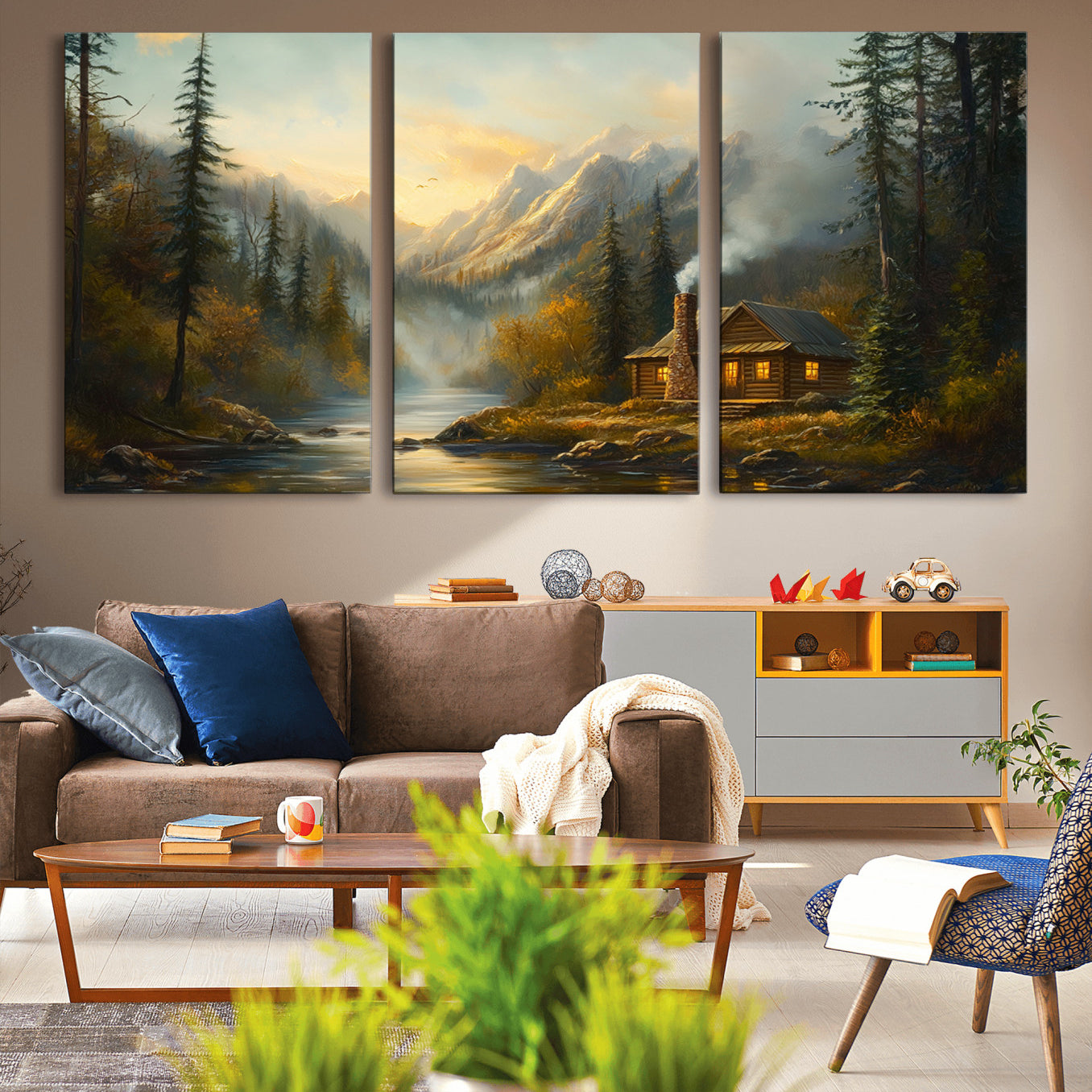 76464-MGV-CV-36X24-Wood Cabin Retreat Mountain at Sunset Wall Art Print - Serene Forest and River Landscape Wall Art