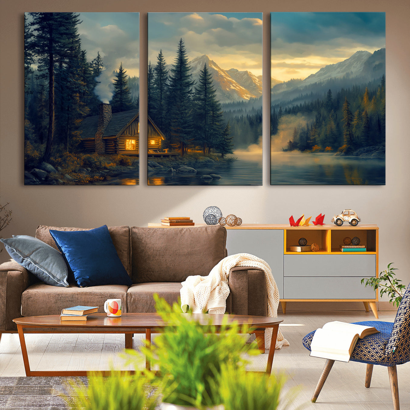 94027-MGV-CV-36X24-Mountain Cabin by the Lake at Sunset Wall Art - Serene Nature Canvas Print for Living Room Decor,