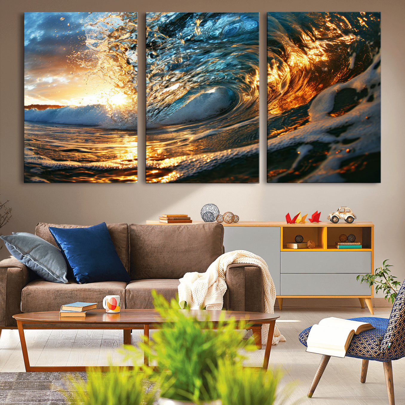 41370-MGV-CV-36X24-Ocean Wave at Sunset Canvas Wall Art – Vibrant Coastal Beach Waves Print, Large Nautical Decor,