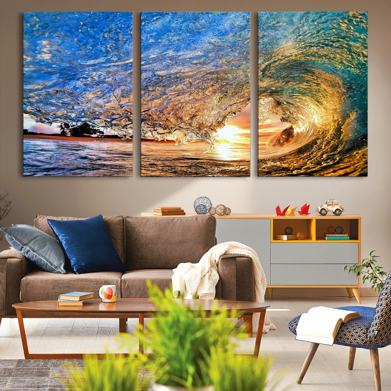 84627-MGV-CV-36X24-Ocean Wave at Sunset Canvas Wall Art – Vibrant Coastal Beach Waves Print, Large Nautical Decor,