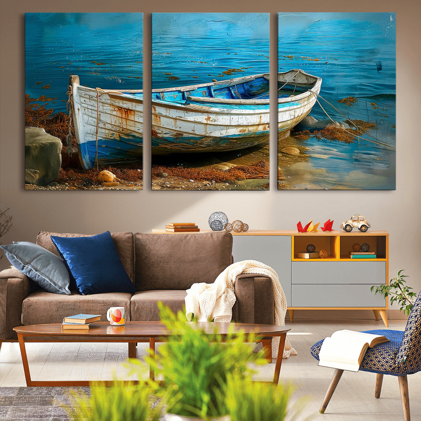 54716-MGV-CV-36X24-Vintage Boat on Tranquil Waters | Coastal Wall Art for Nautical Decor | Rustic Triptych Canvas Print