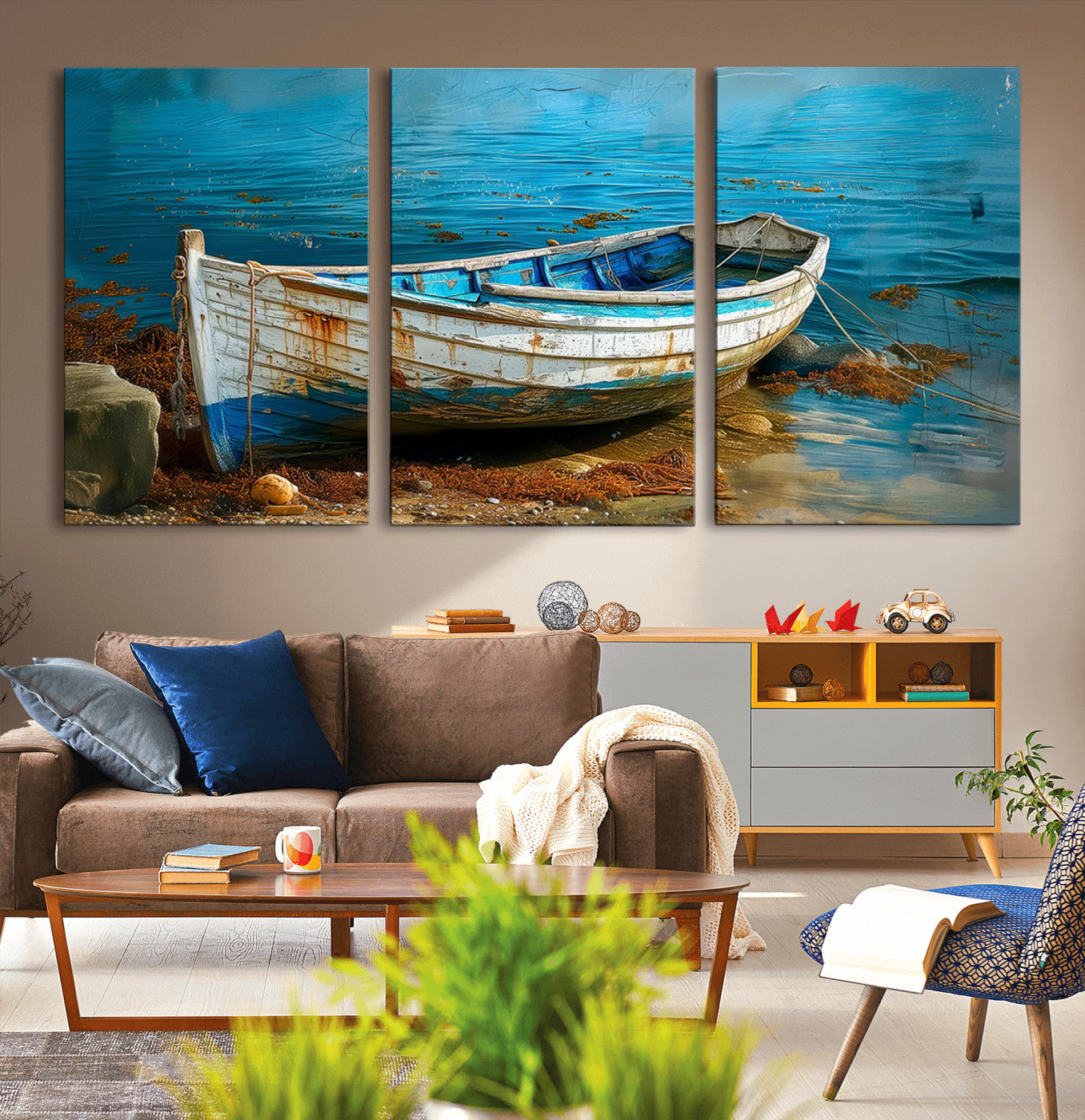 54716-MGV-CV-36X24-Vintage Boat on Tranquil Waters | Coastal Wall Art for Nautical Decor | Rustic Triptych Canvas Print