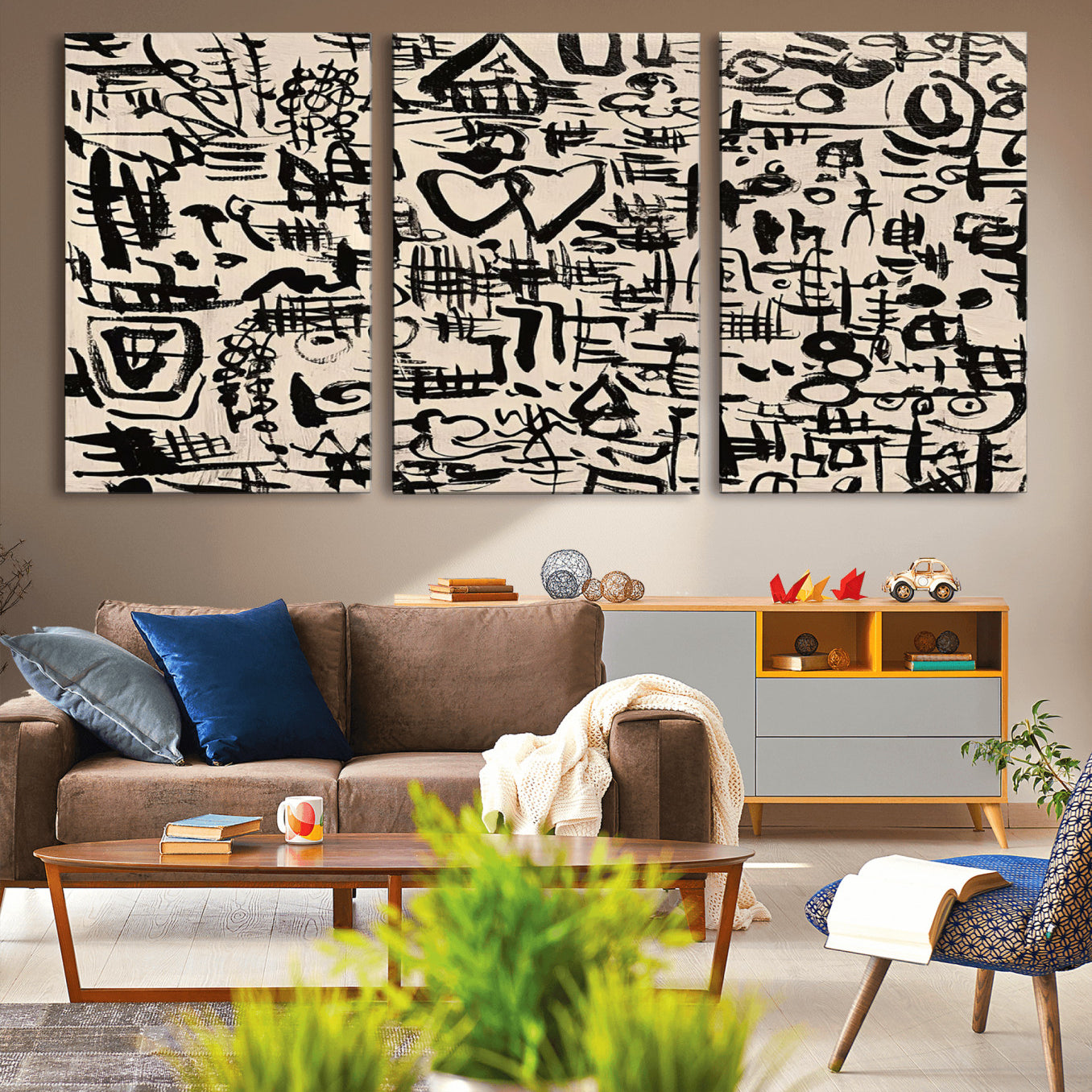 68273-MGV-CV-60X30-3P - Abstract Love and Chaos Canvas Print, Black Symbols on Beige