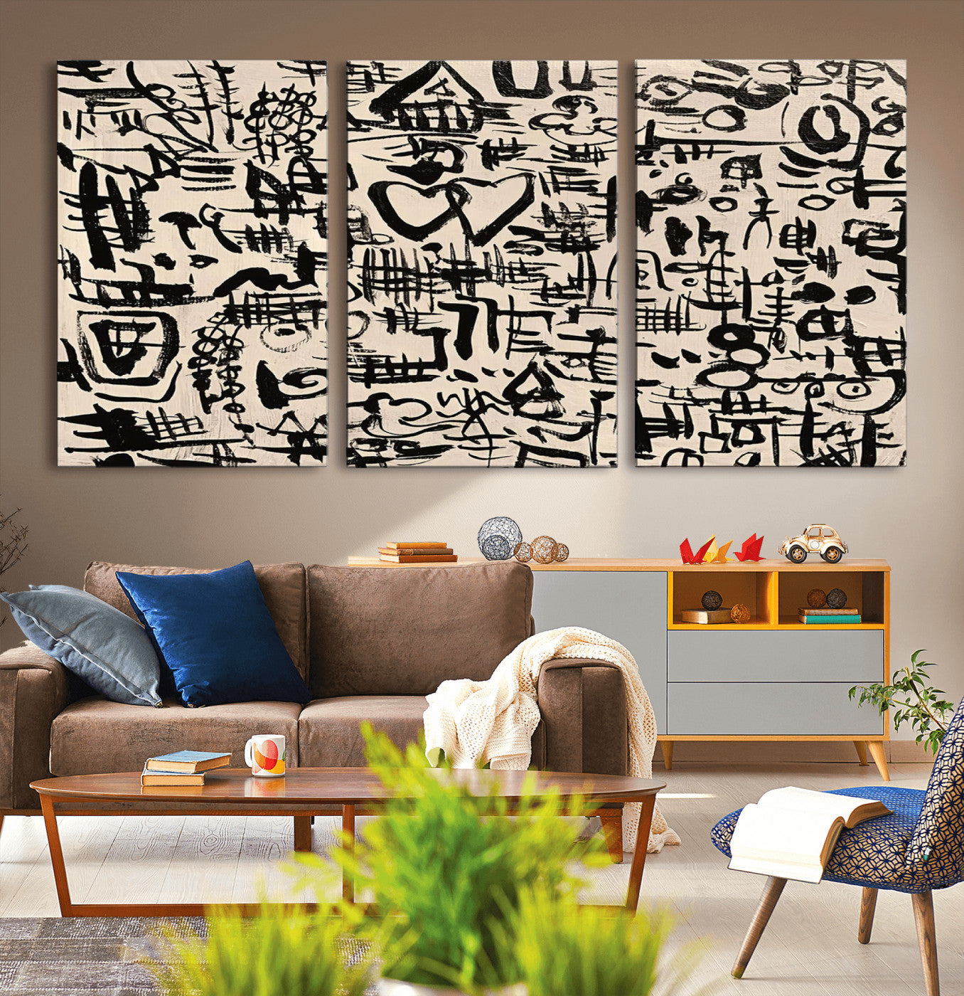 68273-MGV-CV-60X30-3P - Abstract Love and Chaos Canvas Print, Black Symbols on Beige