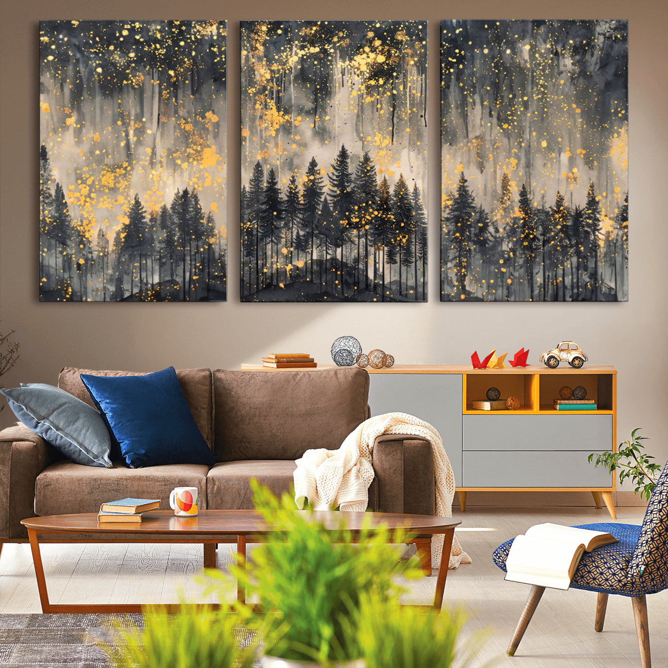 46049-MGV-CV-36X24-Golden Forest Abstract Wall Art | Dark Forest with Gold Splatter Accents | Triptych Ready to Hang