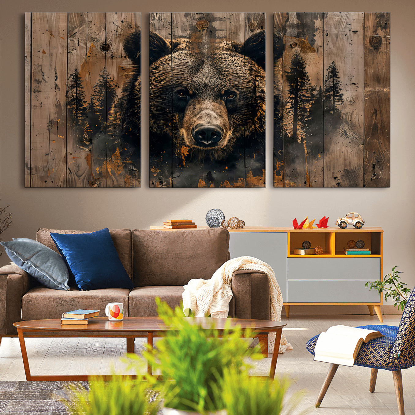 76998-MGV-CV-36X24-Rustic Grizzly 399 Wall Art | Triptych Canvas Print | Rustic Cabin Wall Decor | Perfect for