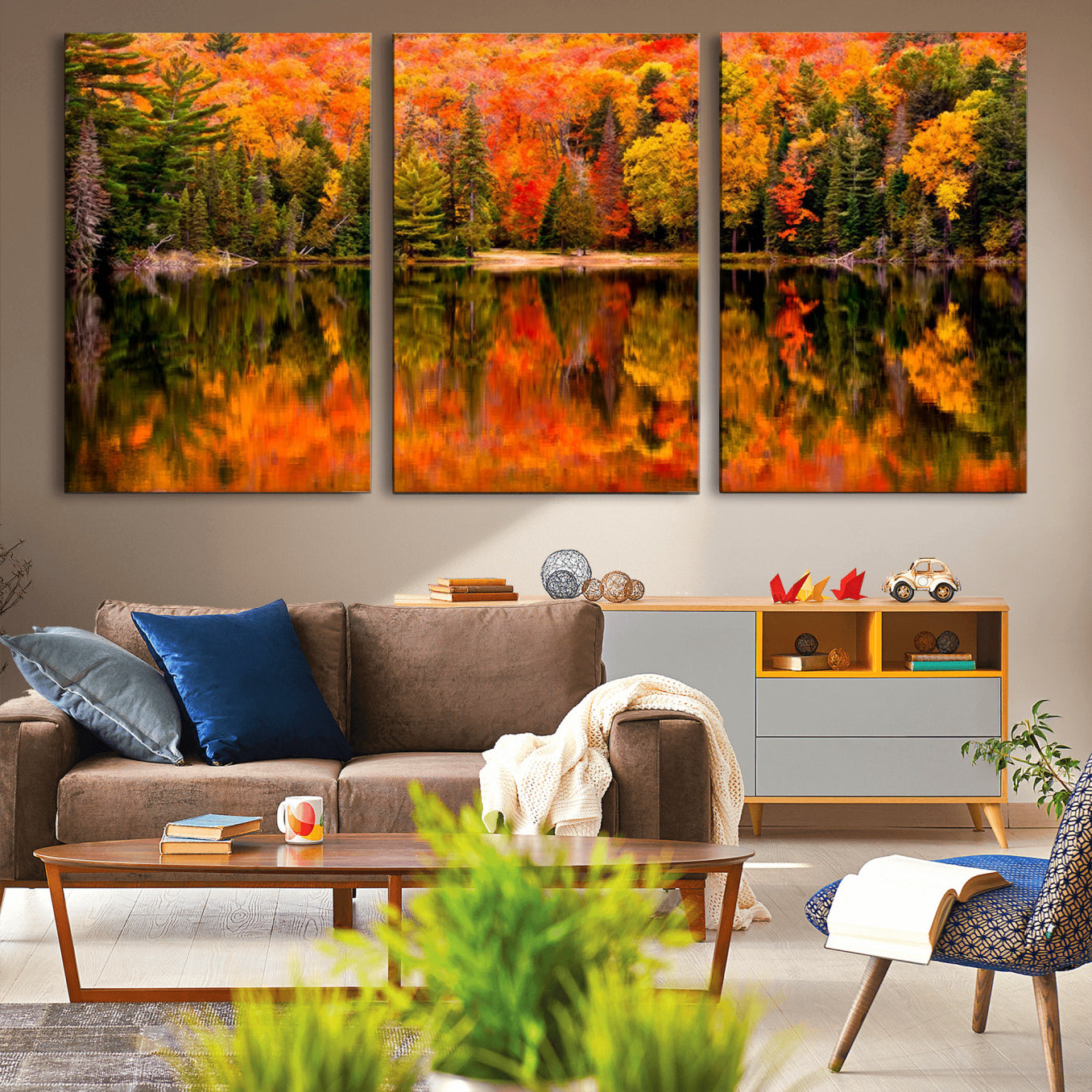 -Forest Reflection Art | Autumn Forest Reflection Wall Art | Triptych Canvas Print | Vibrant Fall