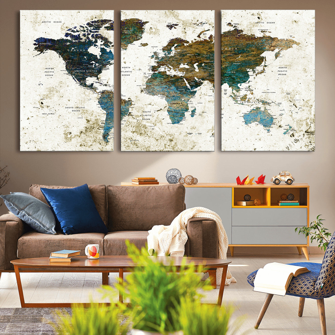 89176-MGV-CV-36X24-Vintage Blue and Brown World Map Canvas Wall Art – Framed Rustic Map Print, Earth Tone Travel Decor for Stylish Home and Office Walls
