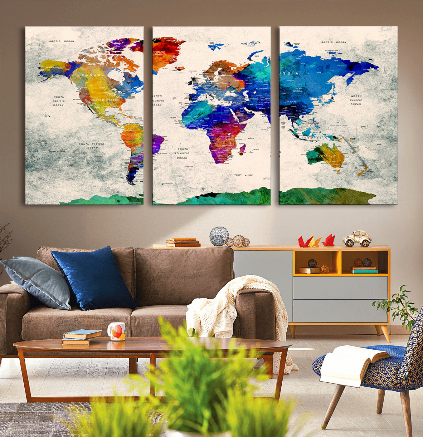 67752-MGV-CV-36X24-Push Pin World Map Canvas Print – Framed Travel Map Wall Art for Couples, Anniversary Gift, Modern Home or Office Decor