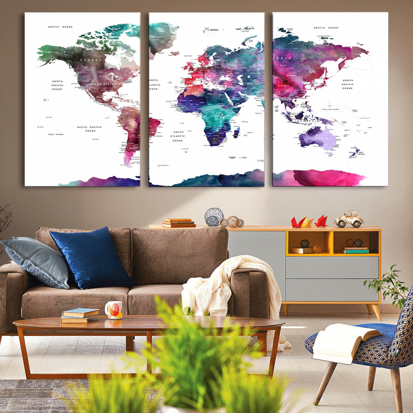 78176-MGV-CV-36X24-Colorful Watercolor World Map Canvas Wall Art – Framed Modern Map Print, Vibrant Travel Inspired Artwork for Home and Office Decor