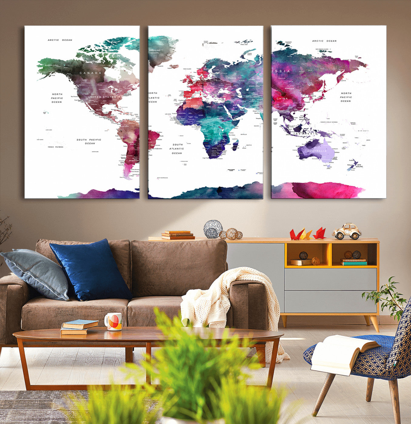 78176-MGV-CV-36X24-Colorful Watercolor World Map Canvas Wall Art – Framed Modern Map Print, Vibrant Travel Inspired Artwork for Home and Office Decor