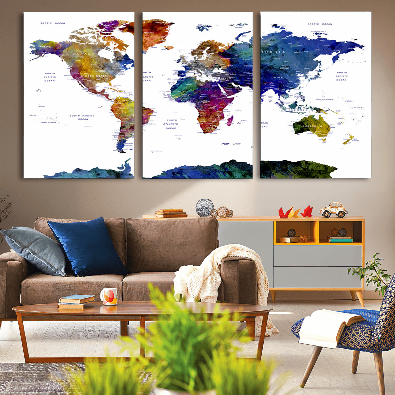 90446-MGV-CV-36X24-Colorful Watercolor World Map Canvas Wall Art – Framed Modern Push Pin Travel Map for Home and Office Decor