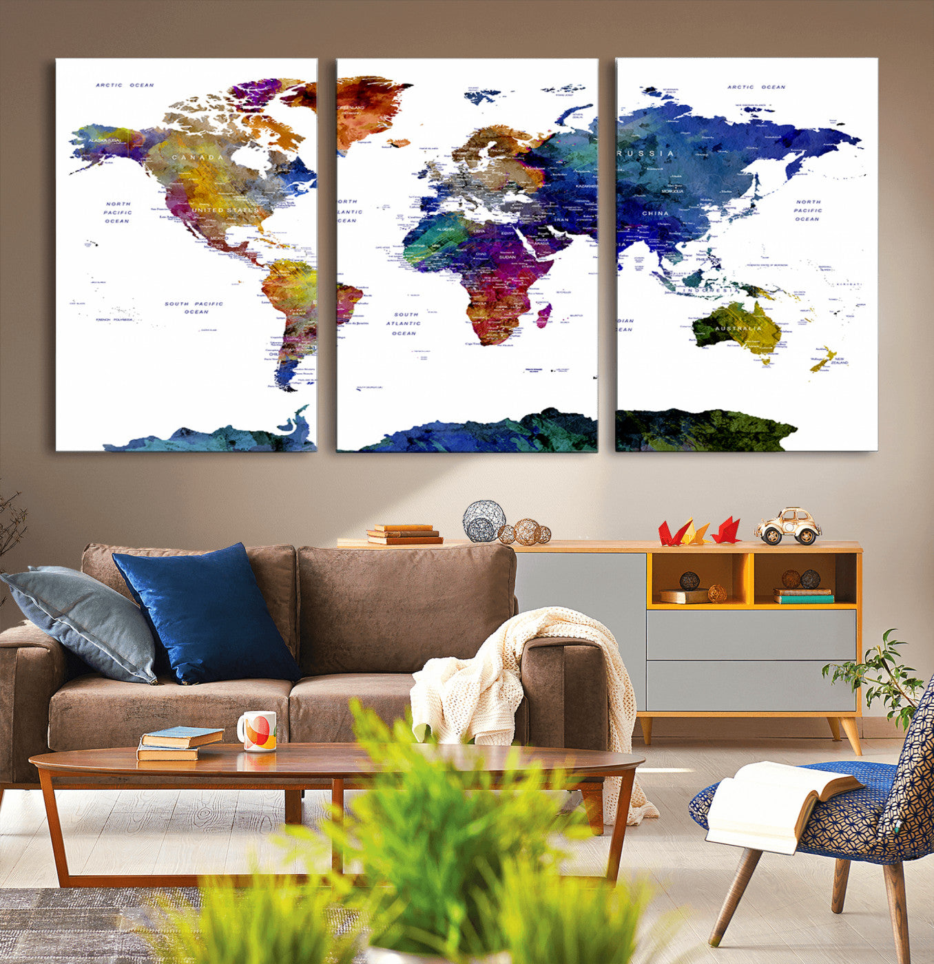 90446-MGV-CV-36X24-Colorful Watercolor World Map Canvas Wall Art – Framed Modern Push Pin Travel Map for Home and Office Decor