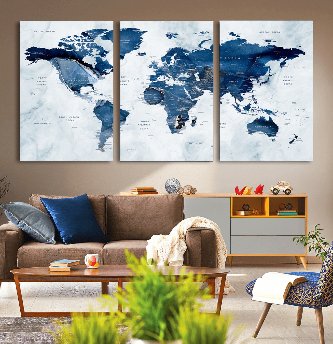 -Modern Blue Marble World Map Canvas Print – Framed Push Pin Wall Art, Elegant Travel Map Artwork for Home Office or Living Room Decor