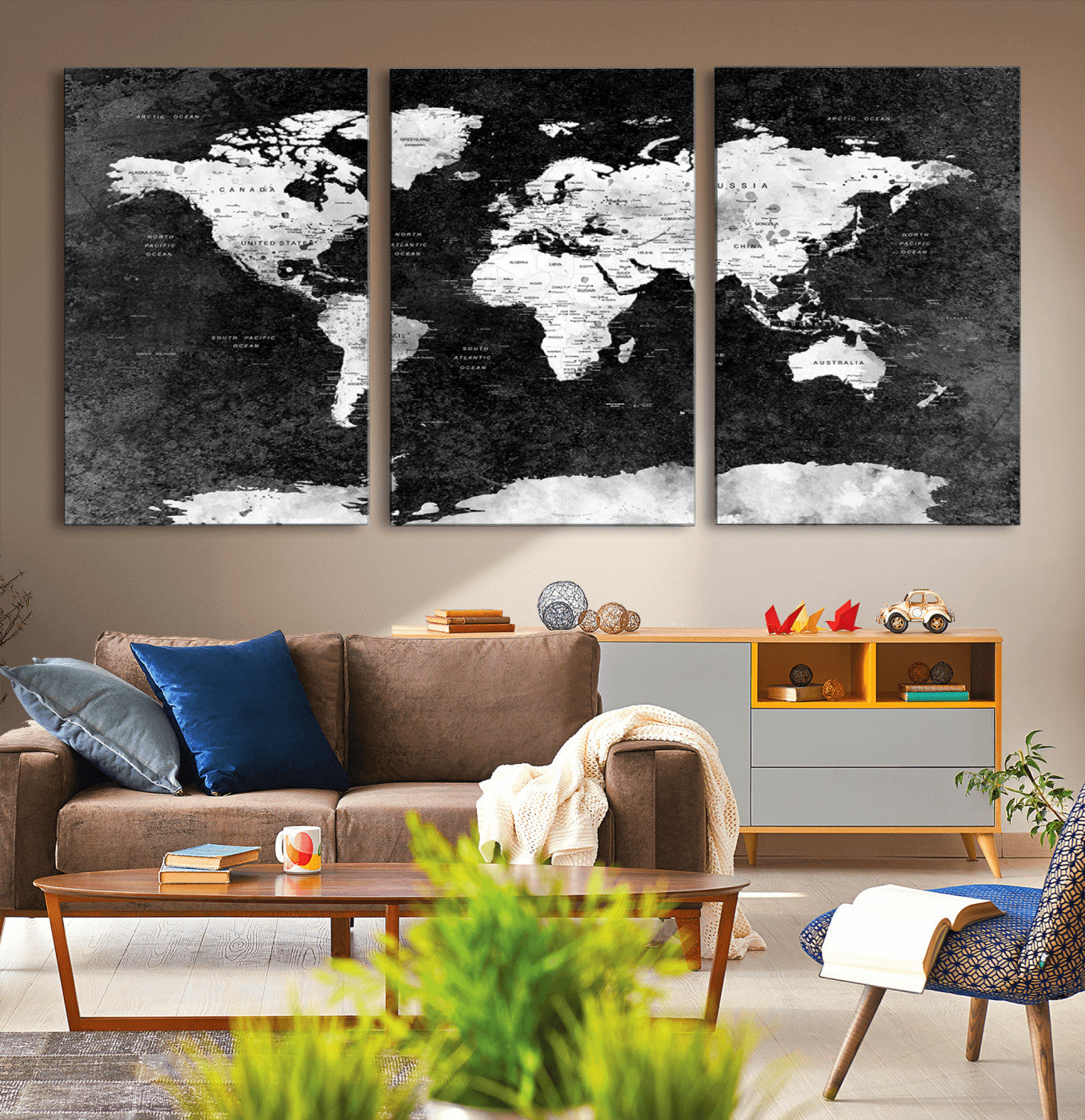90682-MGV-CV-36X24-Black and White World Map Canvas Print – Framed Push Pin Wall Art for Couples, Modern Minimalist Travel Map for Elegant Home and Office Decor