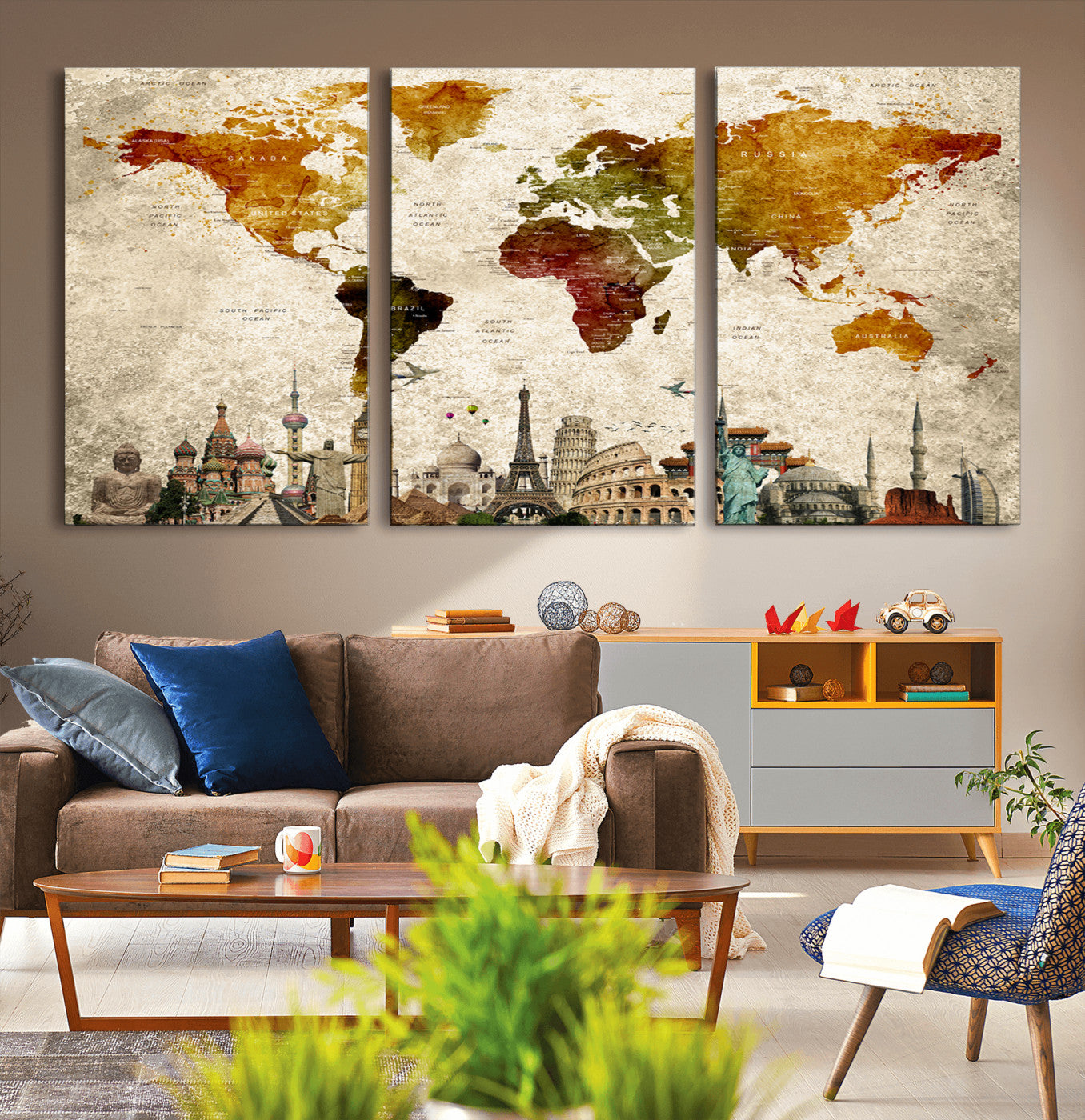40637-MGV-CV-36X24-Push Pin World Map Canvas Print – Framed Travel Map Wall Art for Couples, Anniversary Gift, Modern Home or Office Decor