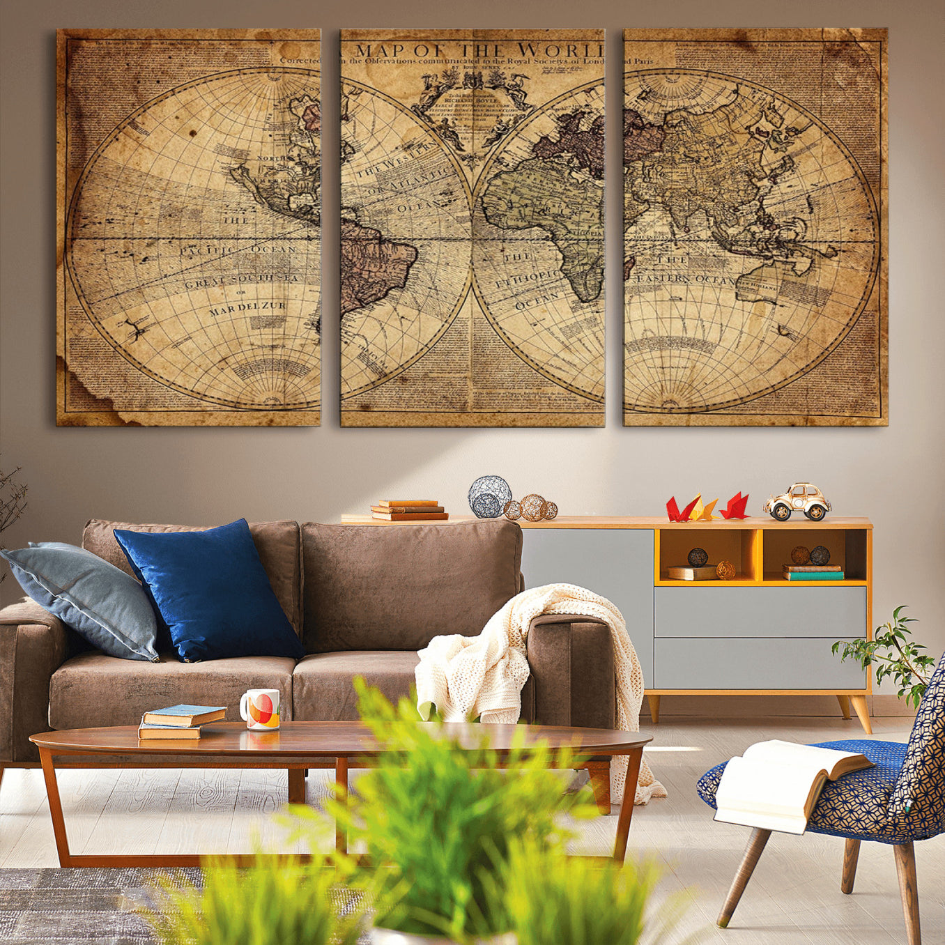 -Vintage World Map Wall Art Canvas – Antique Style Push Pin Travel Map, Framed Decorative Wall Decor for Home, Office
