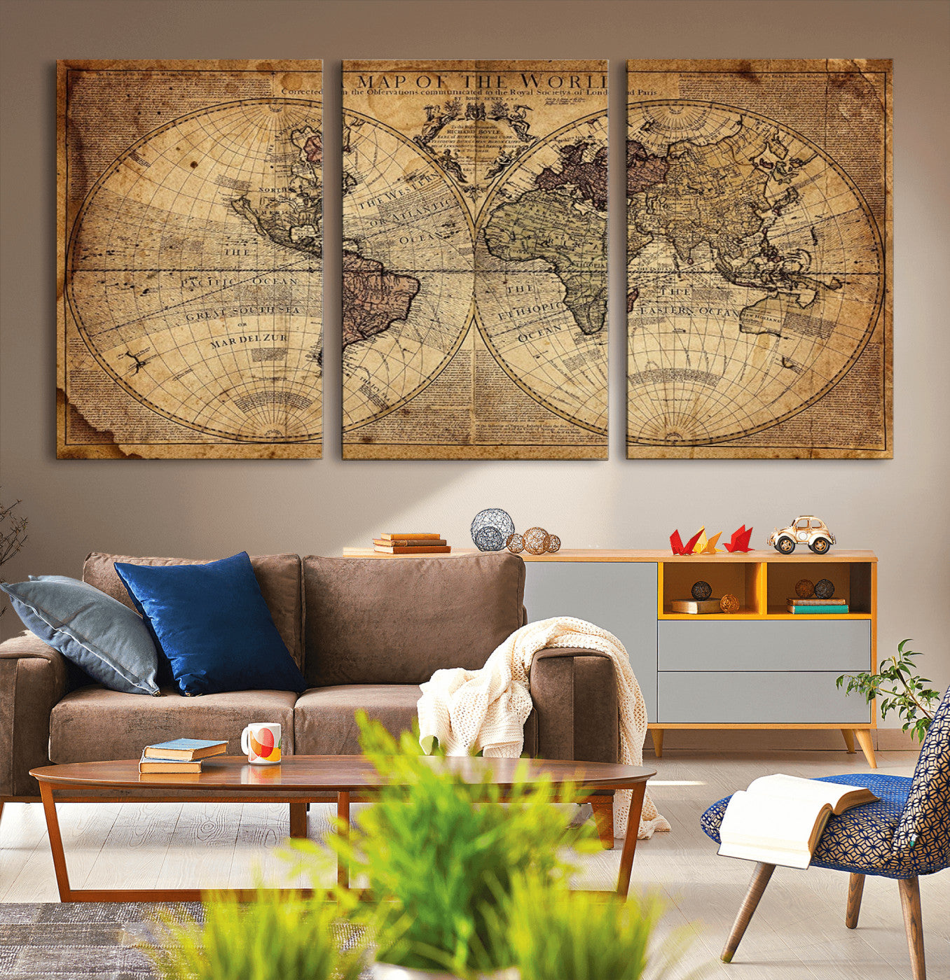 Ant1001-MGV-CV-36X24-Vintage World Map Wall Art Canvas – Antique Style Push Pin Travel Map, Framed Decorative Wall Decor for Home, Office