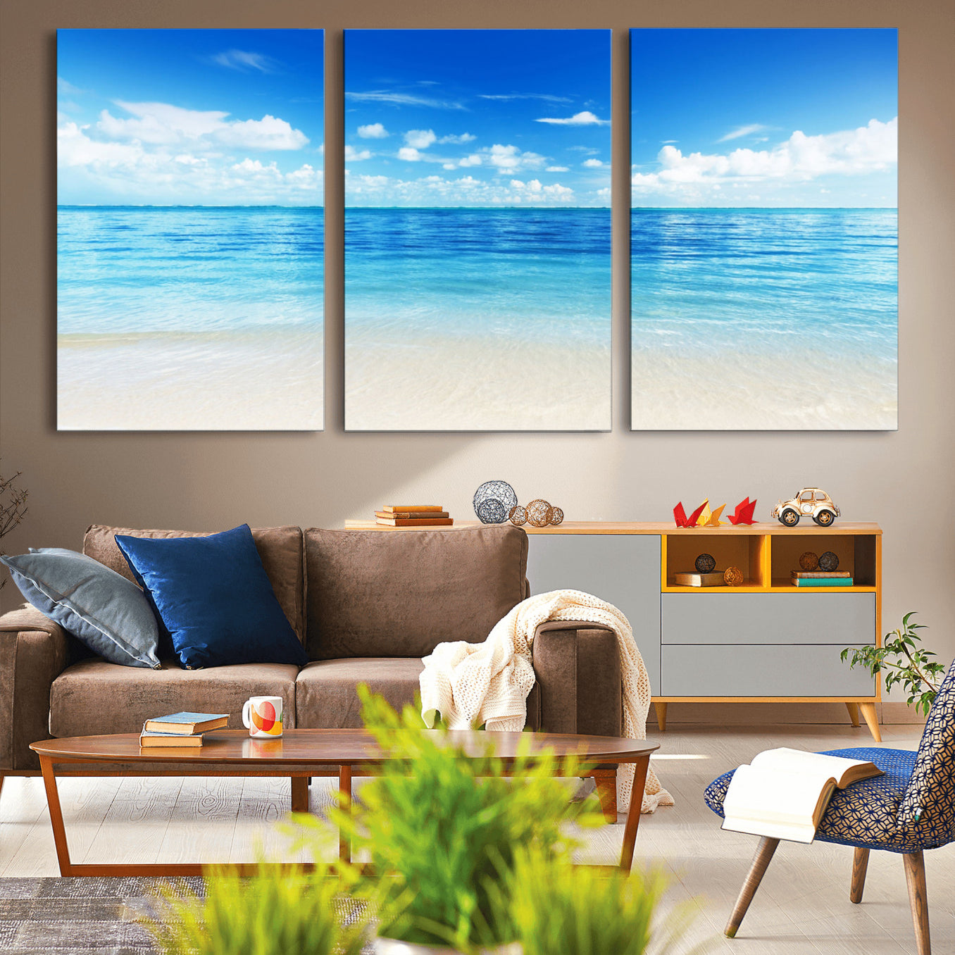 -Beach Scene Canvas Wall Art Print – Tranquil Ocean Horizon and White Sand Beach Wall Decor for Home