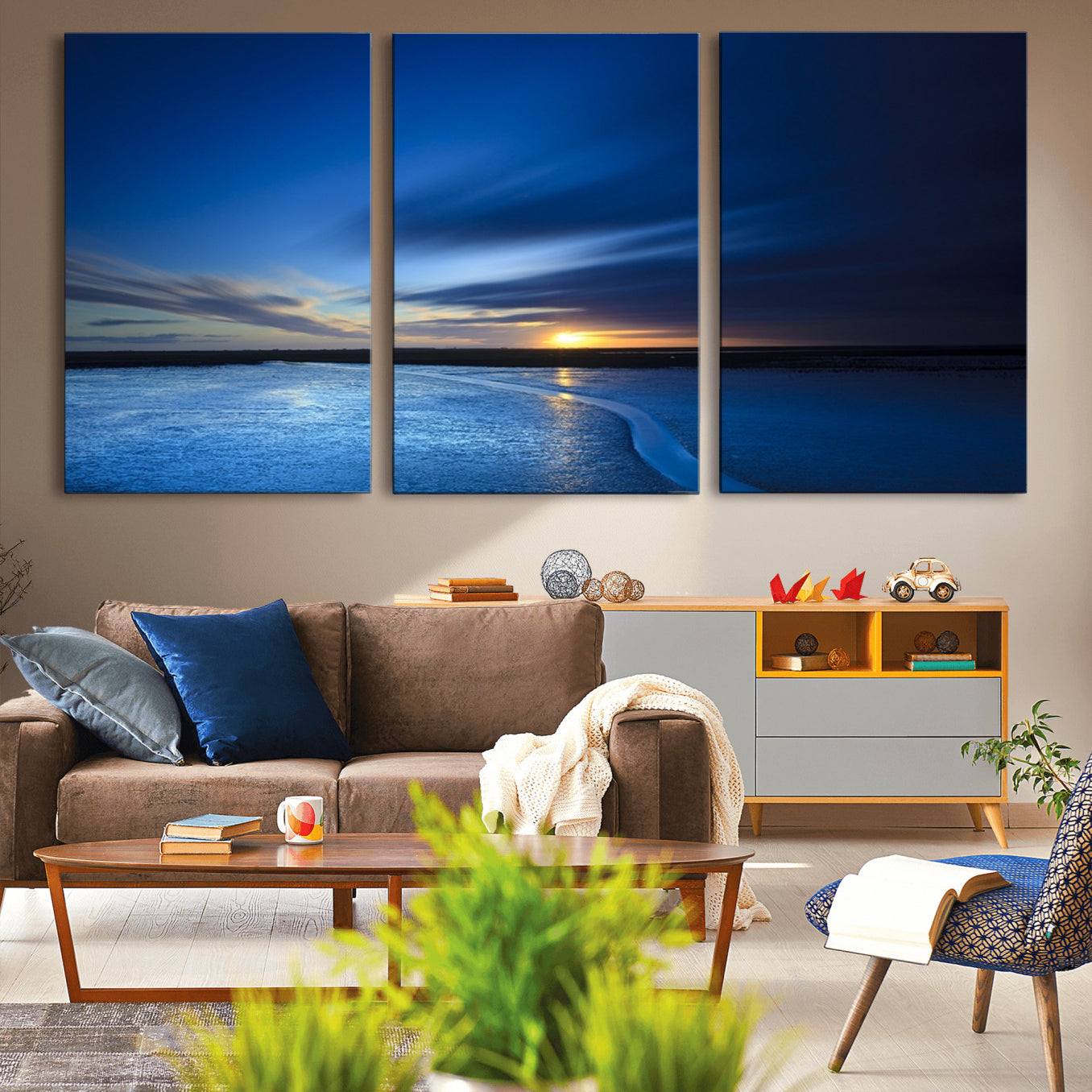 -Blue Sunset Ocean Canvas Wall Art Print – Serene Coastal Horizon Wall Decor for Home or Office –