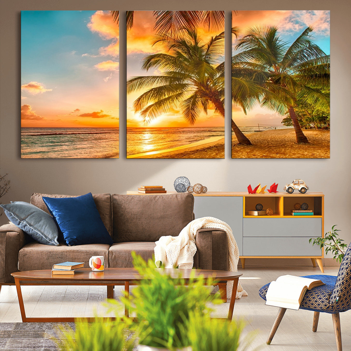 -Tropical Sunset Beach Canvas Wall Art Print – Vibrant Palm Trees and Coastal Sunset Wall Decor for
