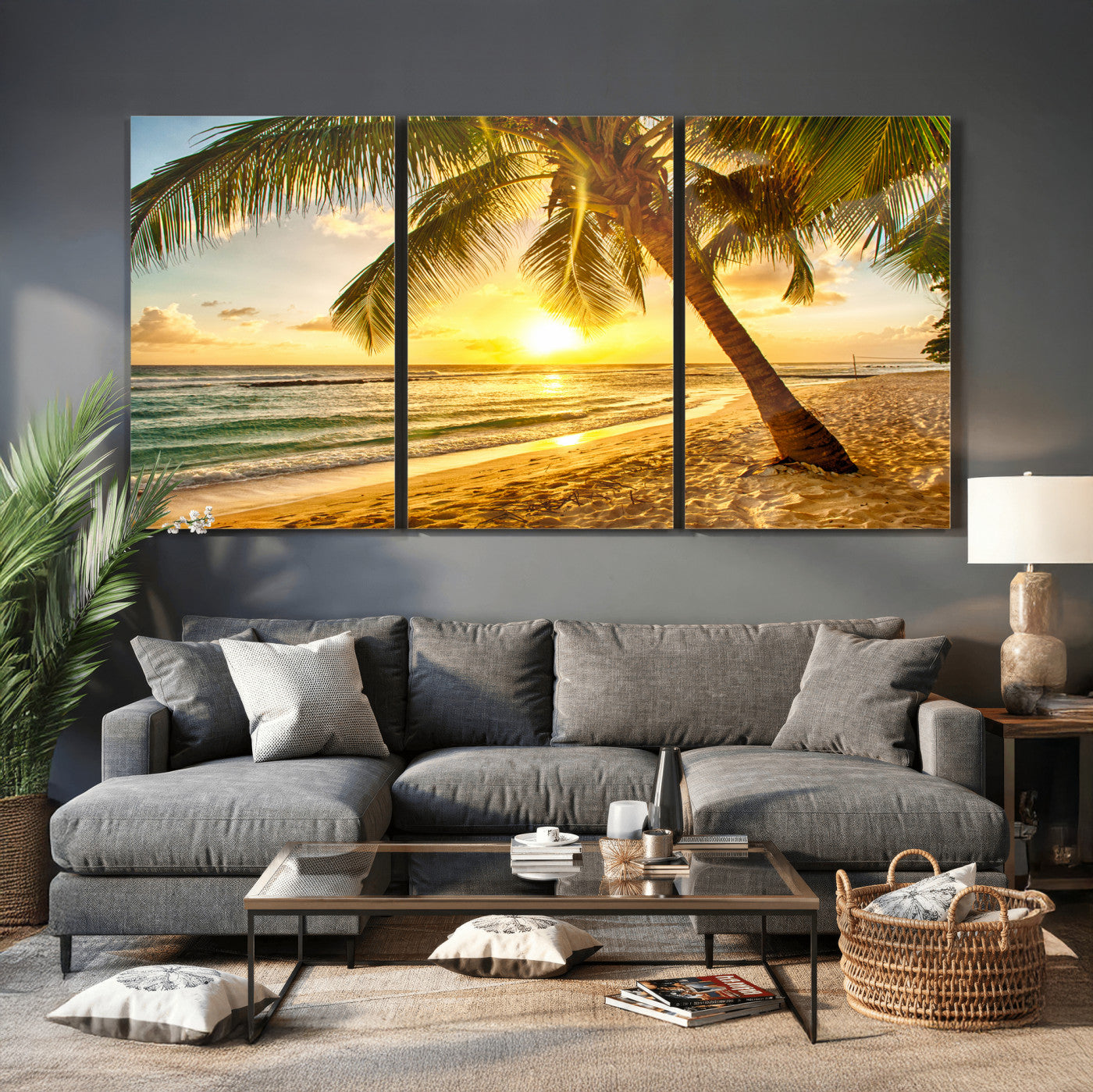33628-MGV-CV-36X24 - Beach Sunset Canvas Wall Art Print - Tropical Beach Canvas Wall Art Print – Vibrant Palm Trees and