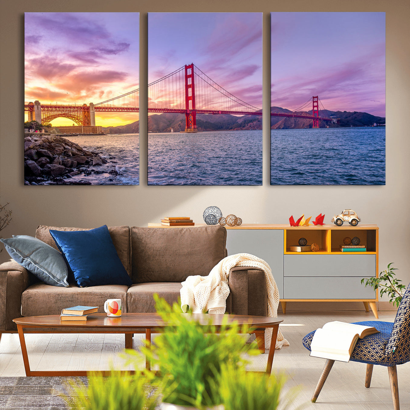 -Golden Gate Bridge Wall Art Canvas Print – Framed San Francisco Sunset Scene with Cityscape Artwork for Home, Office