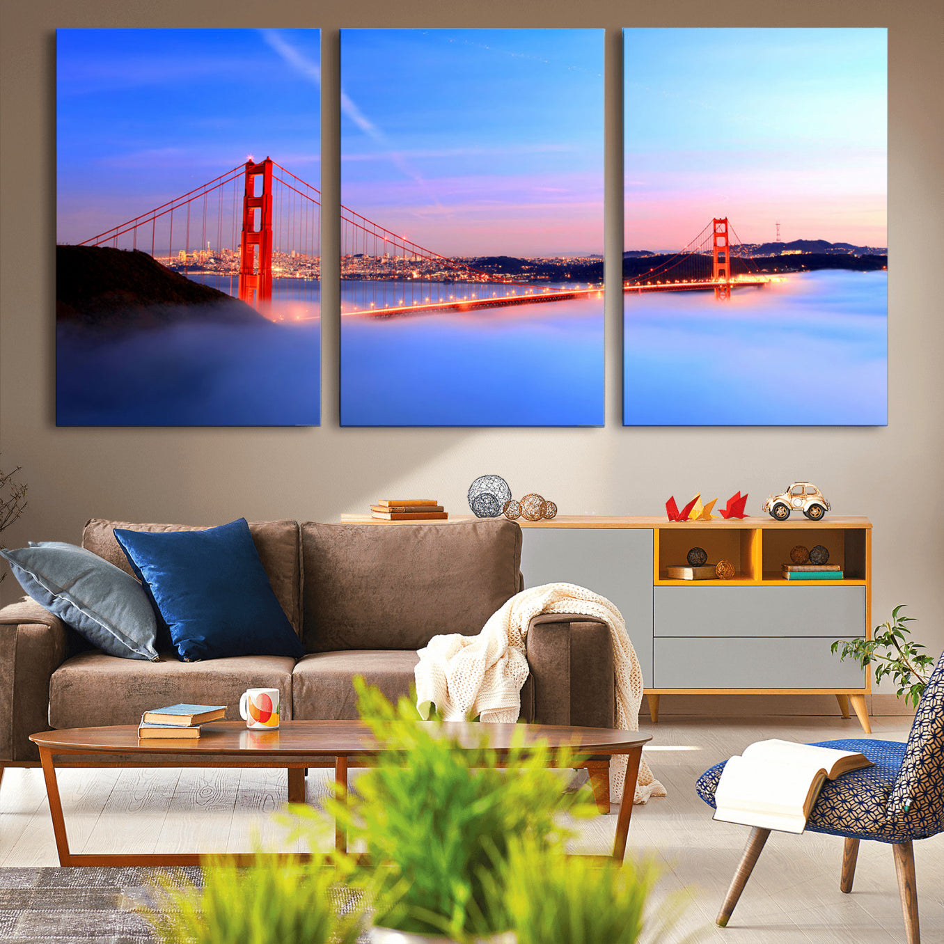 MGV-CV-60X30-3P - Golden Gate Bridge Wall Art Print, San Francisco Sunset Canvas Wall Art, Cityscape Canvas Print for