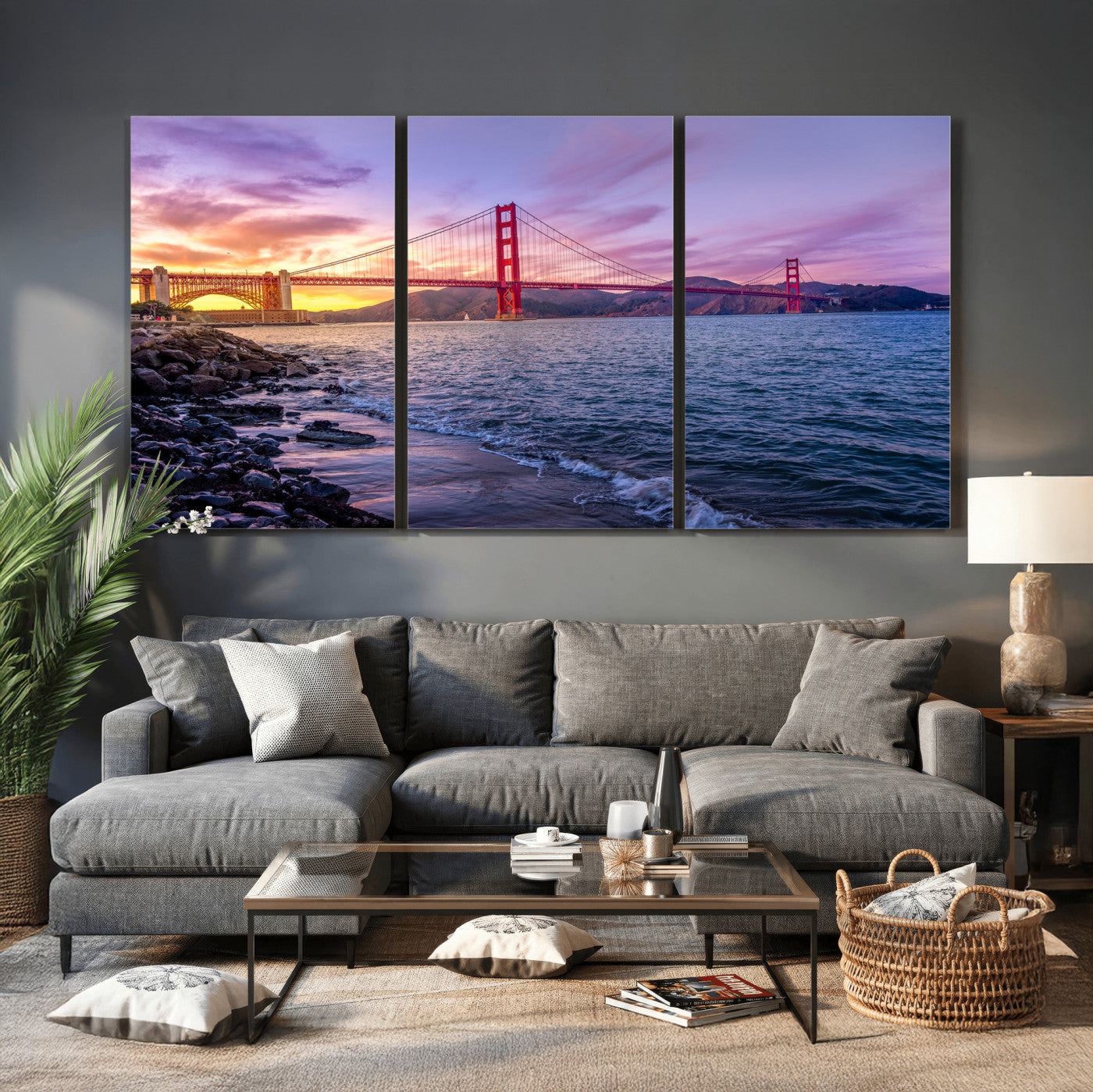24256-MGV-CV-36X24 - Golden Gate Bridge Wall Art Print, San Francisco Sunset Canvas Wall Art, Cityscape Canvas Print for