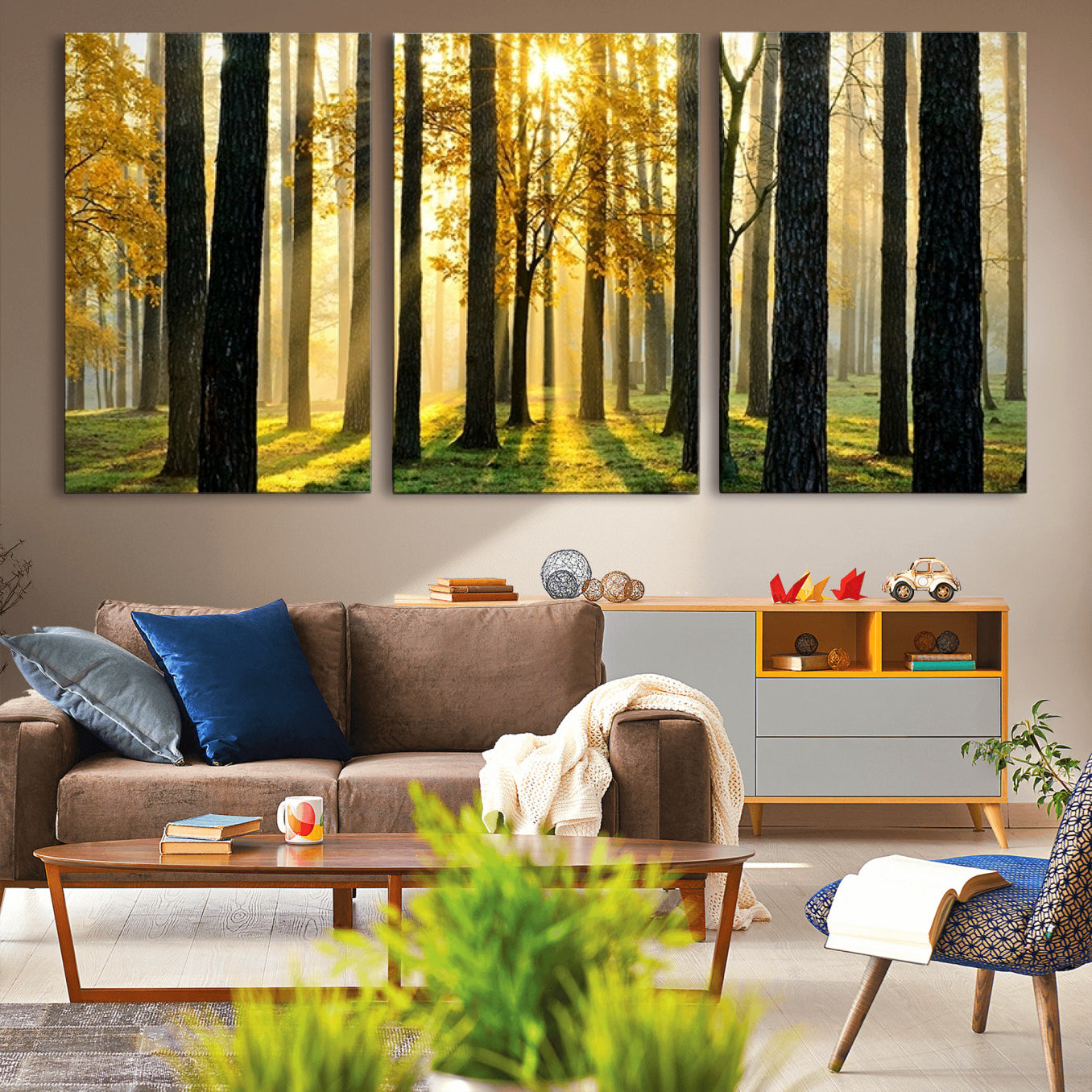 -Sunlit Forest Wall Art Canvas Print - Large Framed Woodland Wall Art for Home or Office Decor,