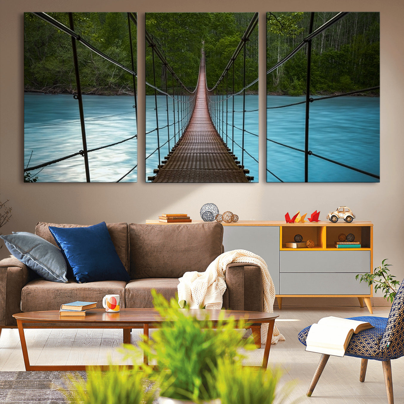 -Suspension Bridge Over River Canvas Art | 3-Panel Nature Photography | Scenic Wall Art for Living