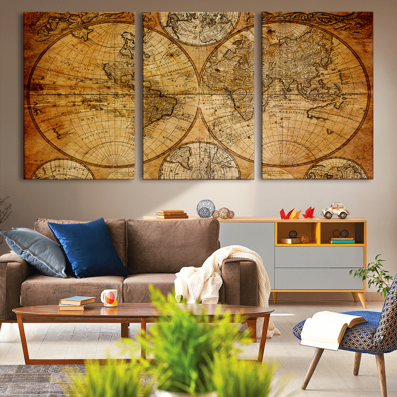 25517-MGV-CV-60X30-3P - Vintage World Map Canvas Print – Antique Push Pin Travel Map, Framed Wall Art for Home or Office Decor
