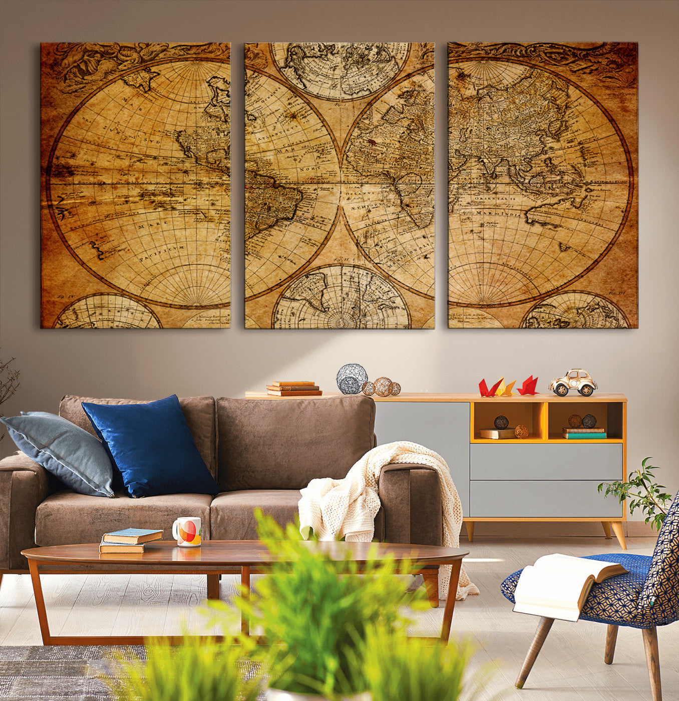25517-MGV-CV-60X30-3P - Vintage World Map Canvas Print – Antique Push Pin Travel Map, Framed Wall Art for Home or Office Decor