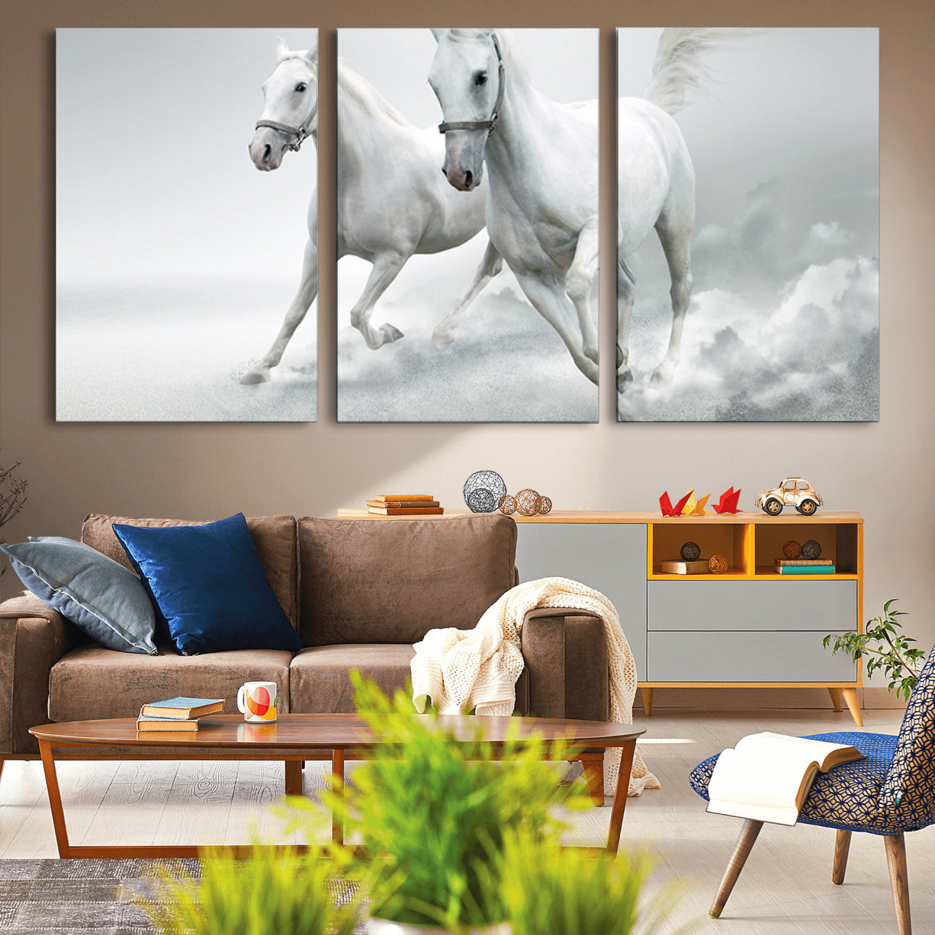 -Large Wall Art Canvas Print – Beautiful Running White Horses Animal Artwork for Home, Office, Living Room