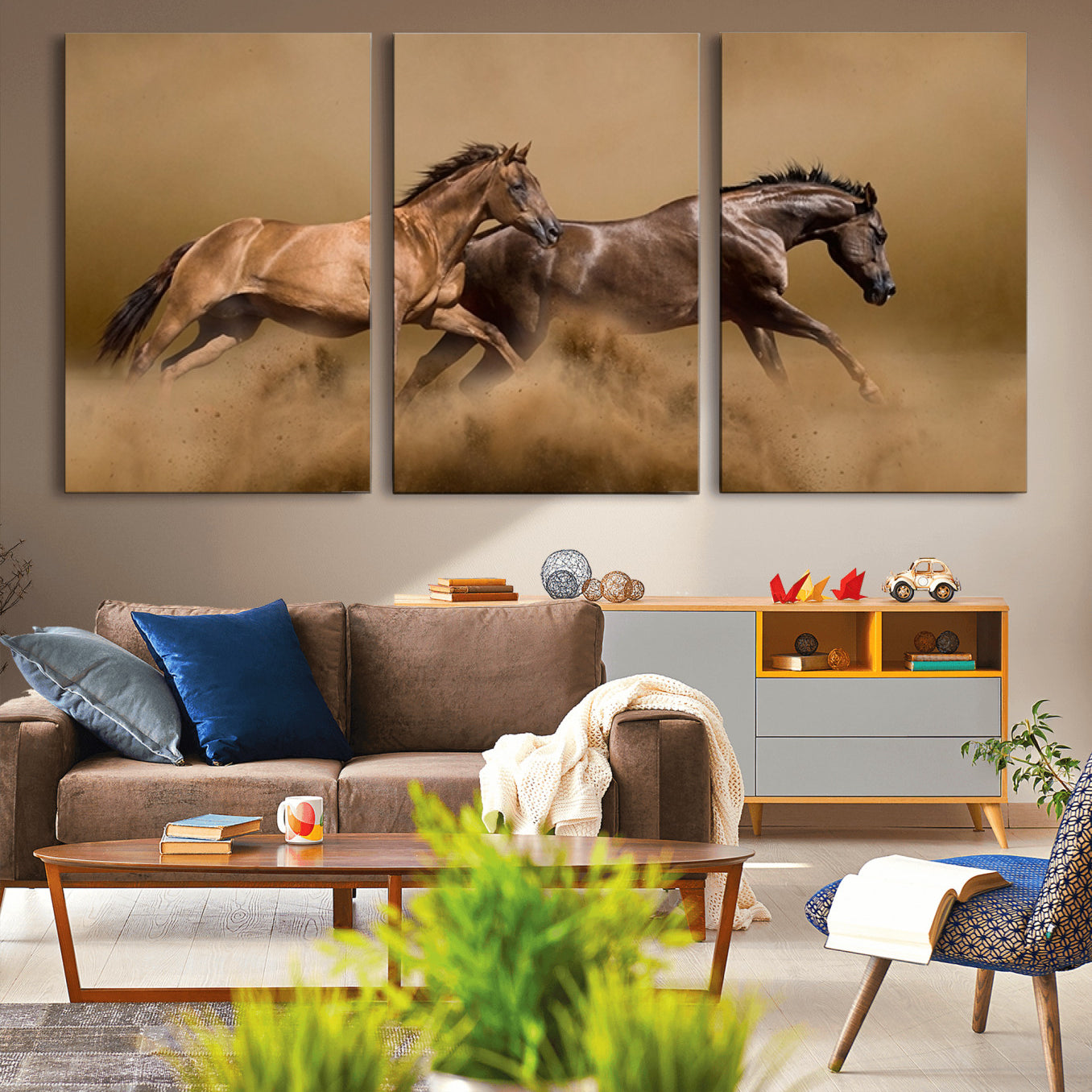 -Large Wall Art Canvas Print – Two Running Brown Horses Motion Animal Artwork for Home, Office, Living Room Decor