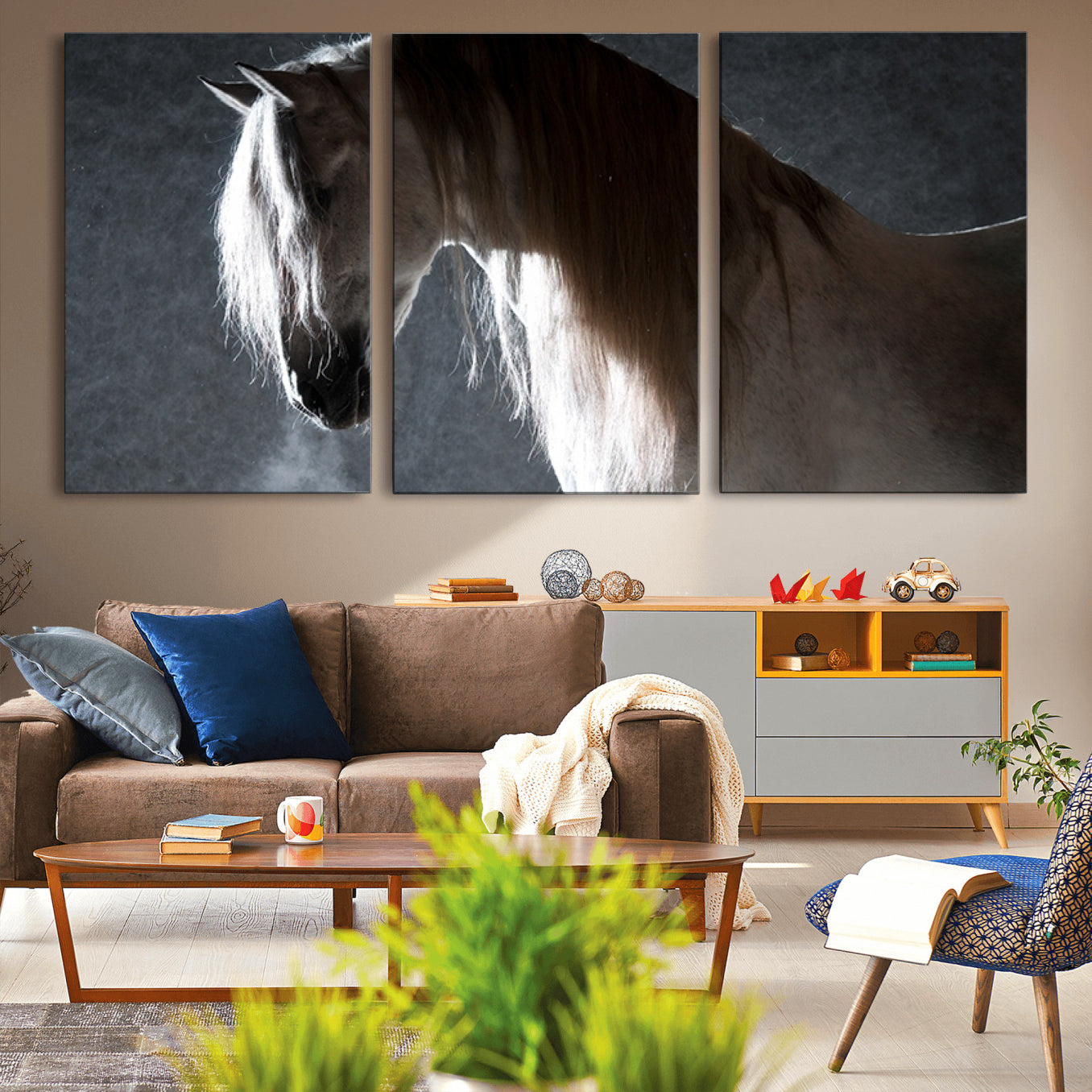 -Large Wall Art Cream Colored Horse on Grey Background Canvas Print