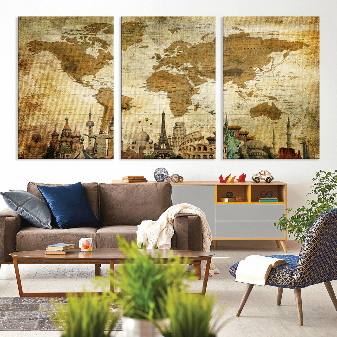 -Vintage World Map Canvas Wall Art – Framed Push Pin Travel Map with Famous Landmarks, Rustic Home and Office Decor Artwork for Travelers