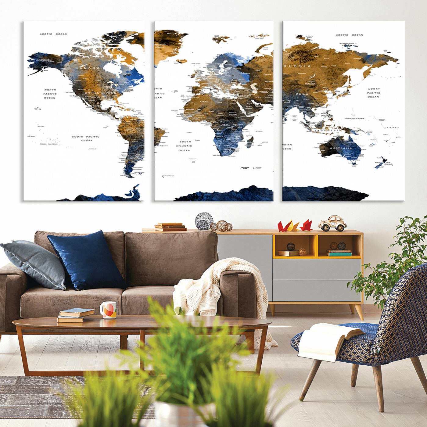 56231-MGV-CV-36X24-Navy and Gold World Map Canvas Wall Art – Framed Modern World Map Print, Elegant Travel Inspired Artwork for Home and Office Decor