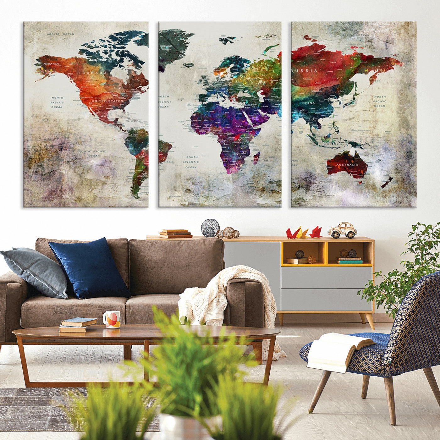 -Push Pin World Map Canvas Print – Framed Travel Map Wall Art for Couples, Anniversary Gift, Modern Home or Office Decor