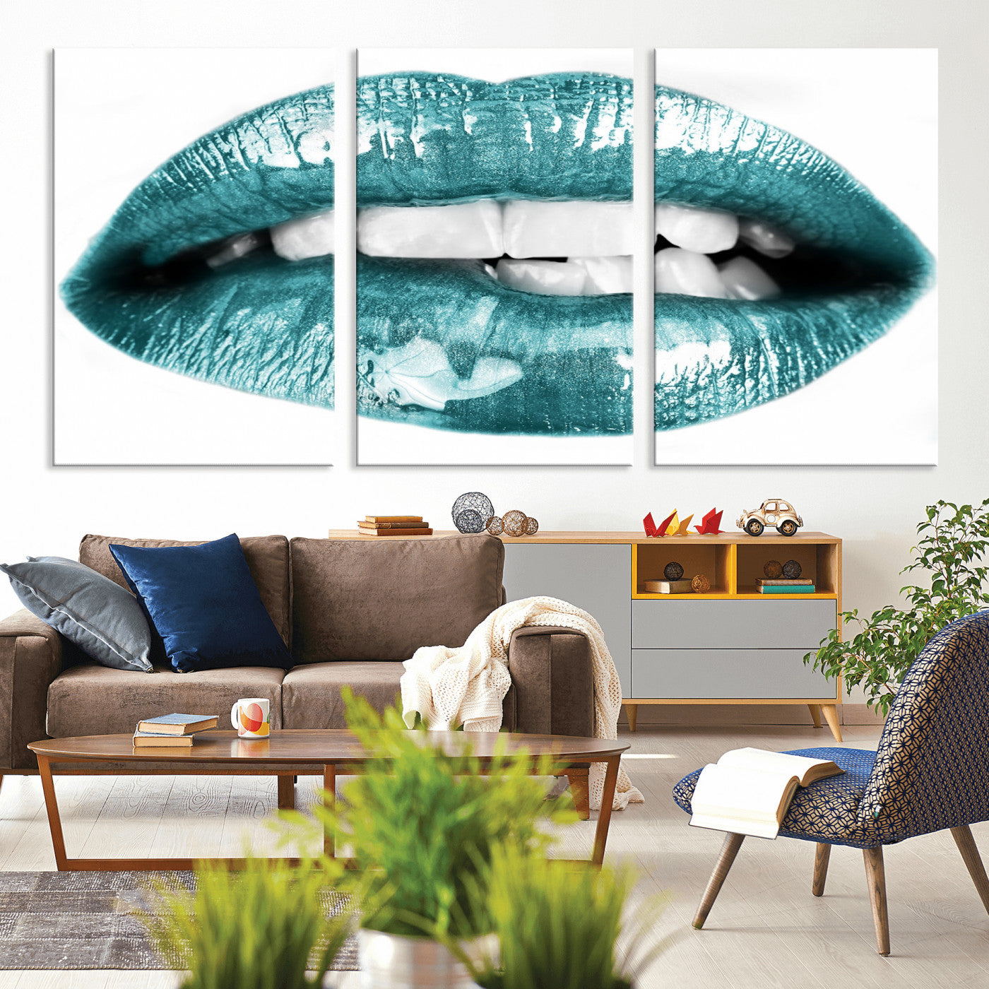 -Blue Lips Wall Art Canvas Print