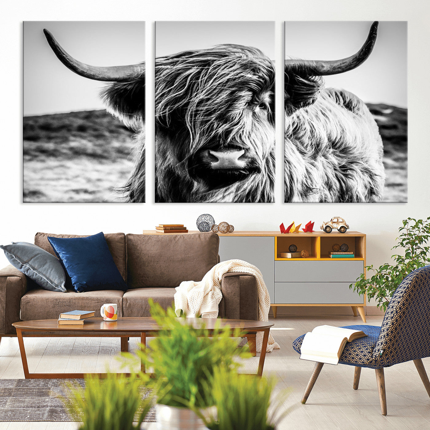 54309-MGV-CV-36X24 - Black and White Scottish Cow Canvas Wall Art Highland Cattle Canvas Print Framed Ready to Hang Original Cotton Canvas High Quality Image Multi Panel Wall Art Printable Artwork for Walls
