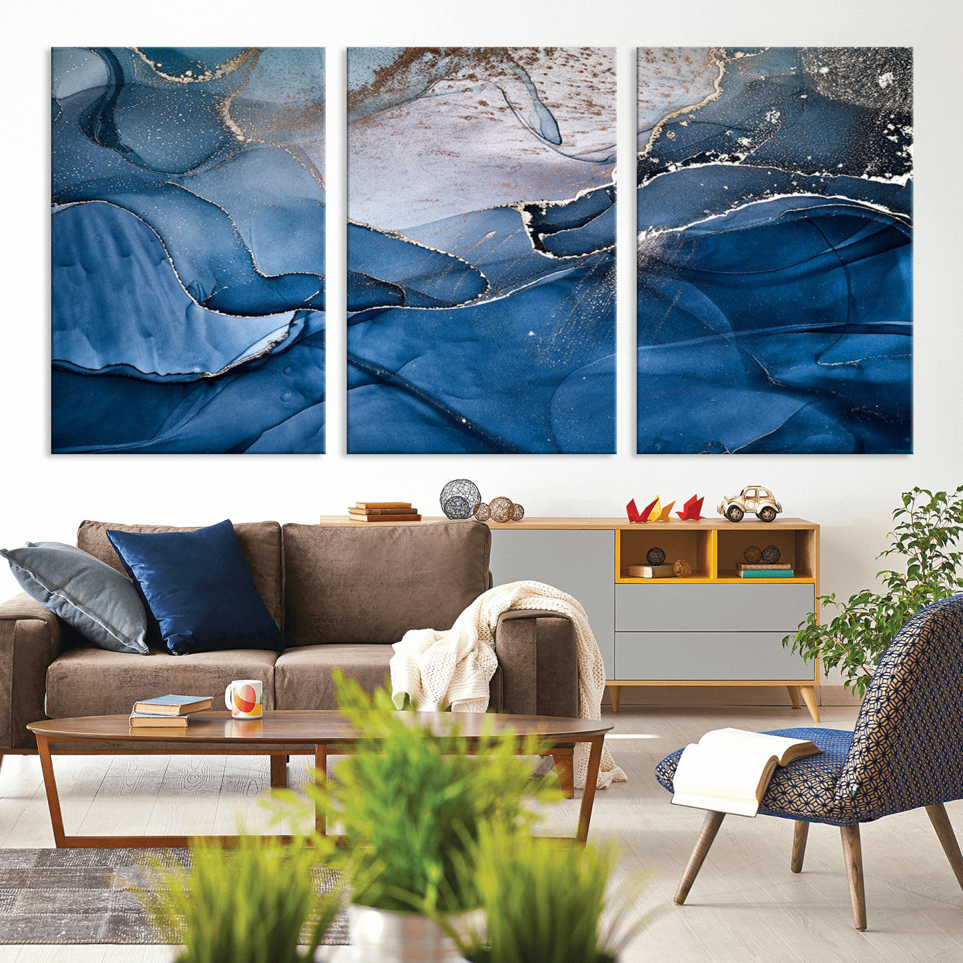 27810-MGV-CV-36X24-Navy Blue Canvas Art Abstract Print – Elegant Triptych Modern Art Print – Contemporary Decor for Living Room or Office