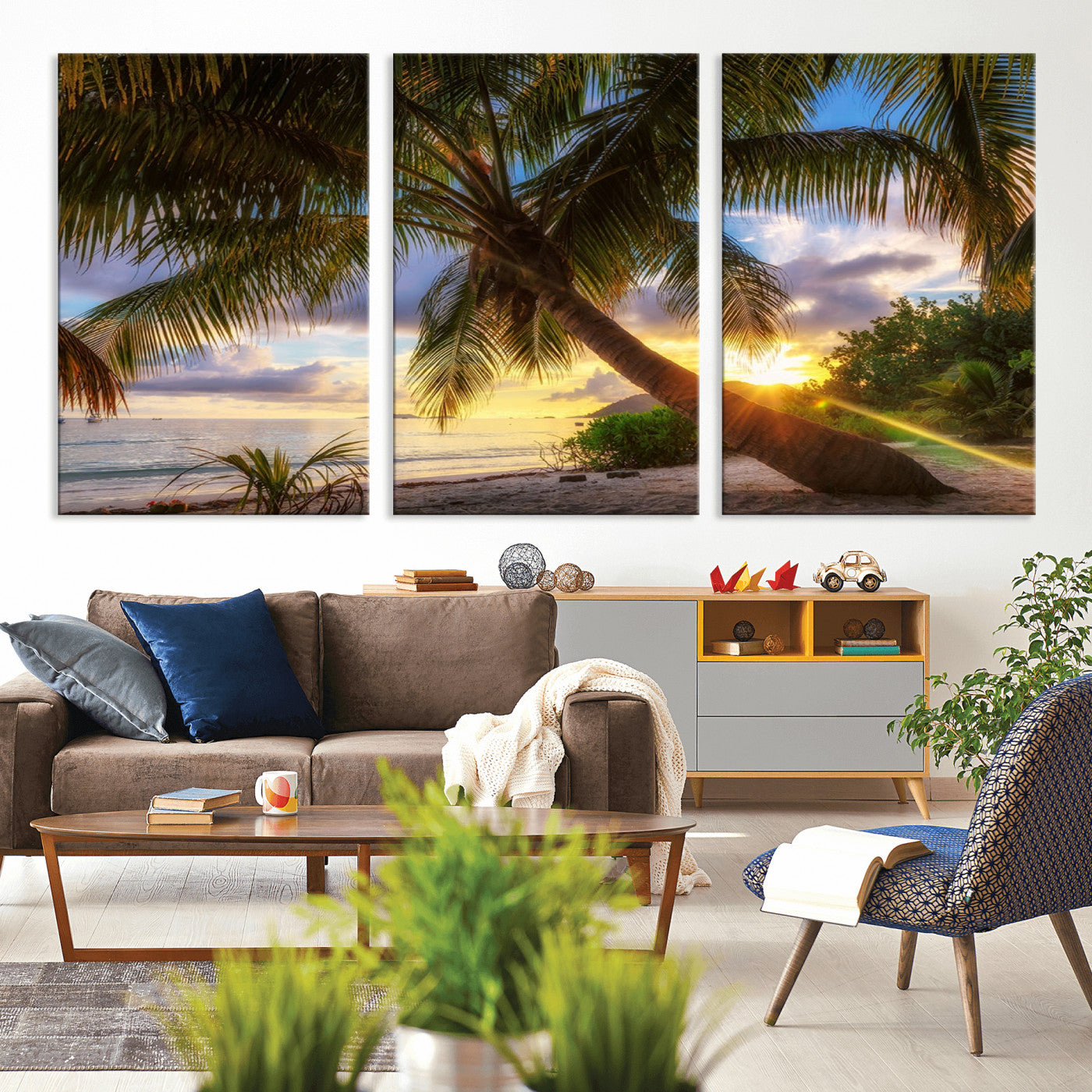-Tropical Island Sunset on the Beach Palms Wall Art Canvas Print