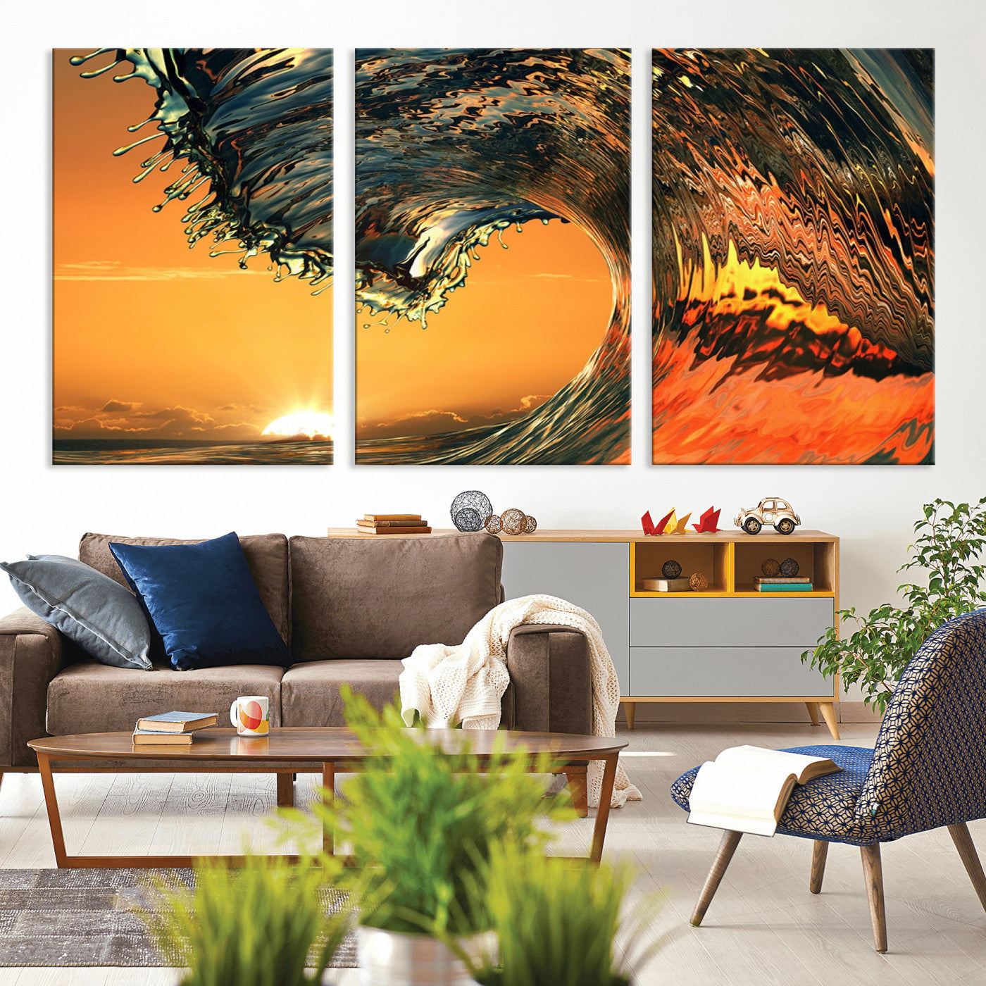 -Surf Wave Sunset Canvas Wall Art Print, 3-Panel Ocean Coastal Wall Art Print, Ocean Decor for