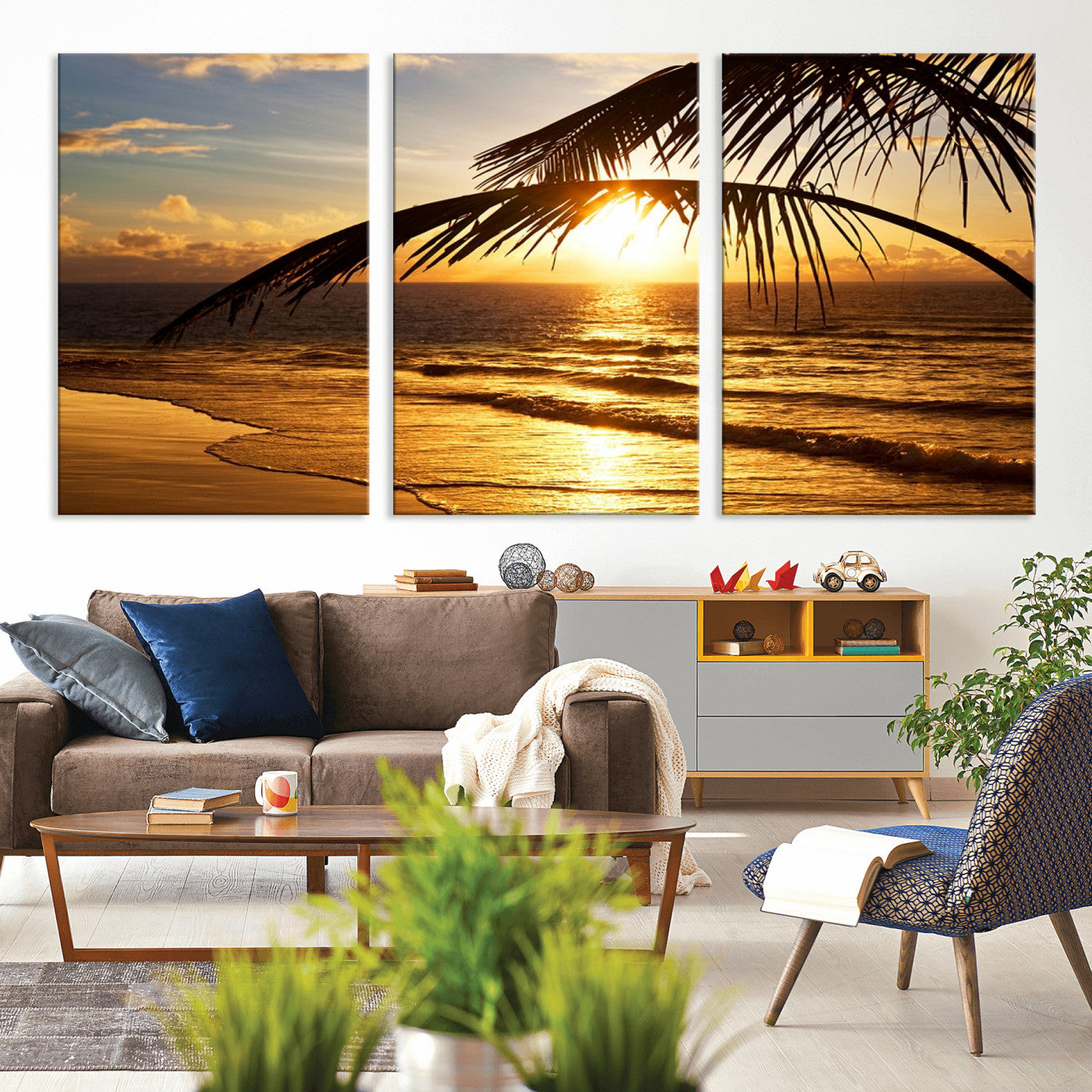 41507-MGV-CV-60X30-3P-Golden Tropical Beach Sunset Canvas Triptych, Coastal Palm Tree Wall Art, Ocean Shoreline Giclee