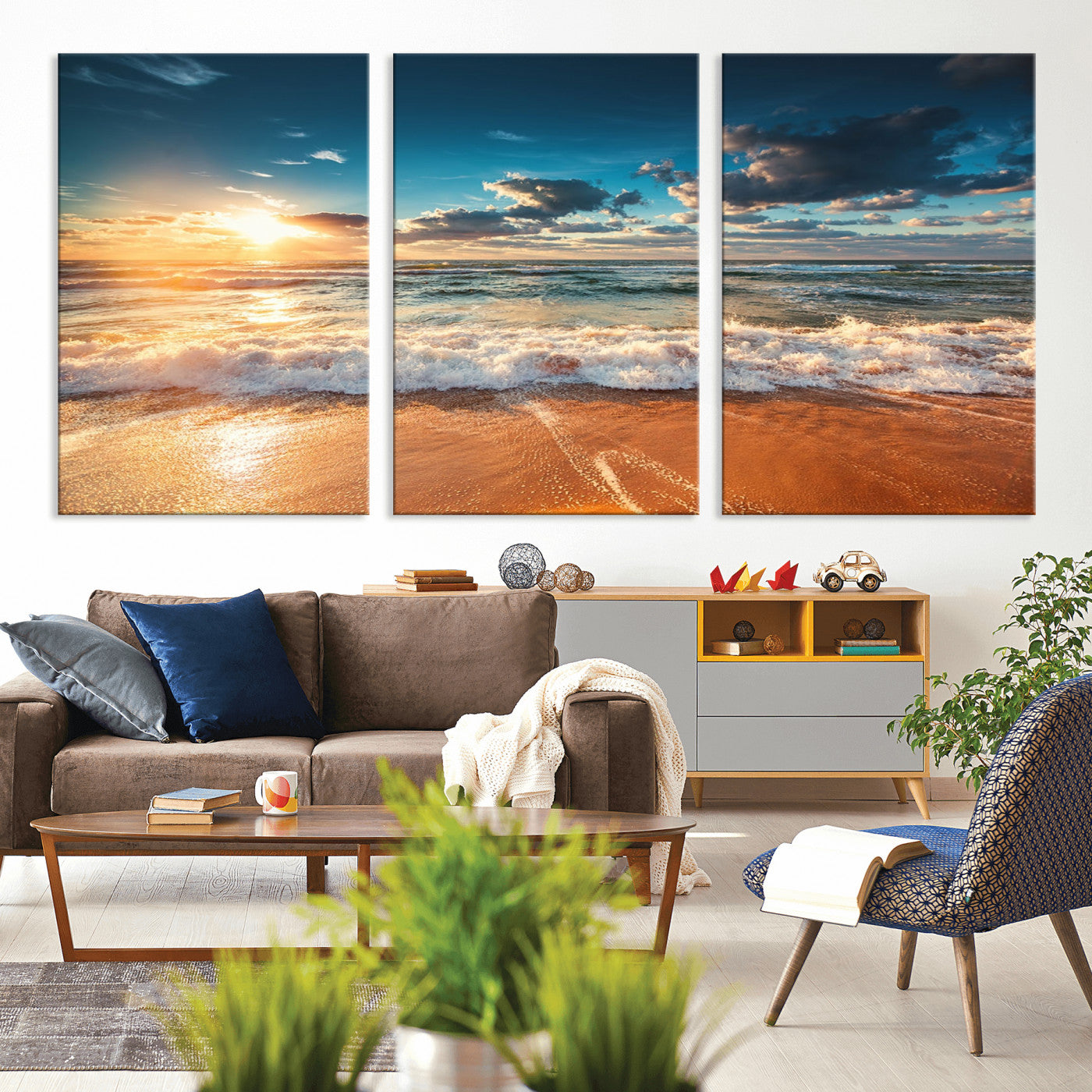 -Golden Sunset Beach Triptych Canvas Art, Giclee Coastal Wall Decor, Ocean Waves Print, Modern Beach