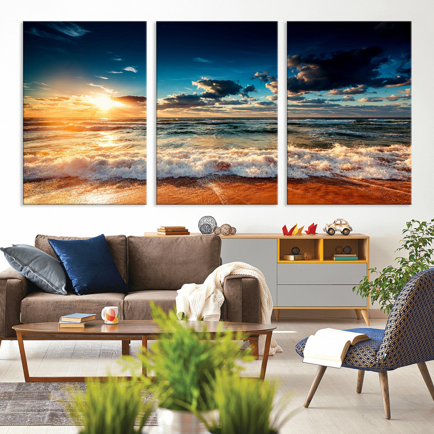 -Golden Hour Sunset Over Ocean Waves Wall Art Canvas Print | 3 Panel Coastal Landscape Canvas Wall
