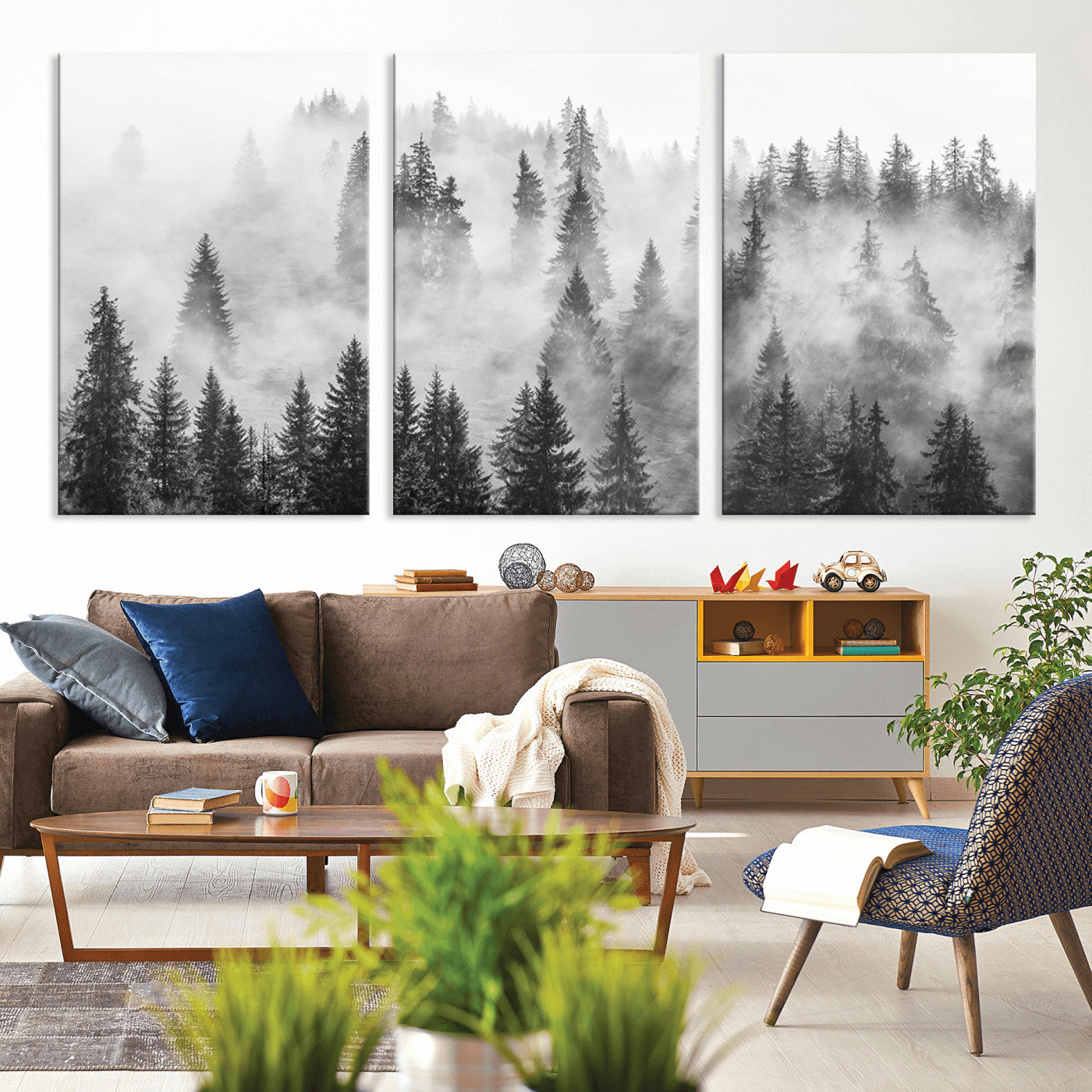 10422-MGV-CV-36X24 - Forest Wall Art Print | Foggy Pine Forest Canvas Wall Art - Black and White Nature Decor for Living