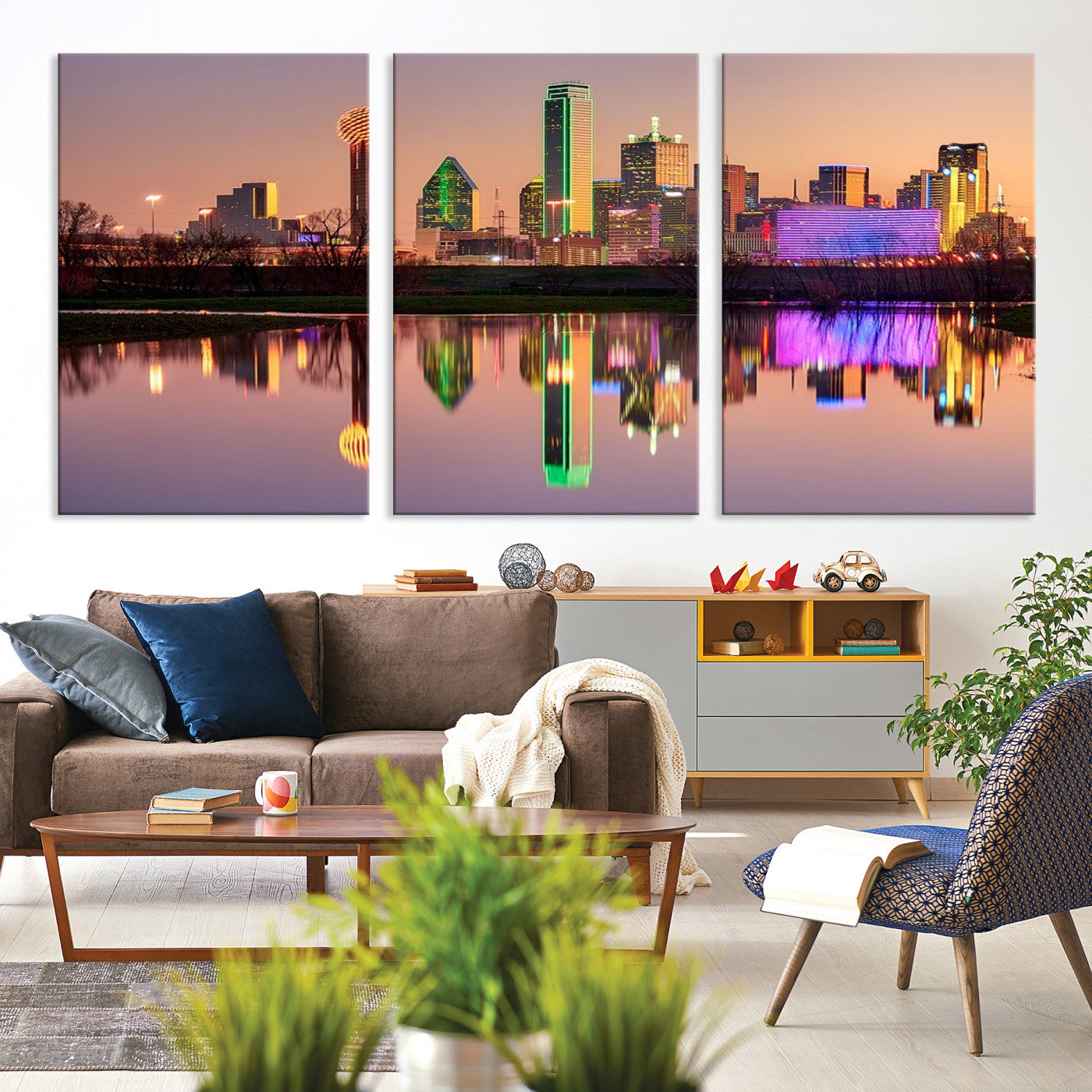 73925-MGV-CV-60X40-3P-Colorful Dallas City Lights Night Skyline Wall Art Print Dallas Cityscape Canvas Print Dallas